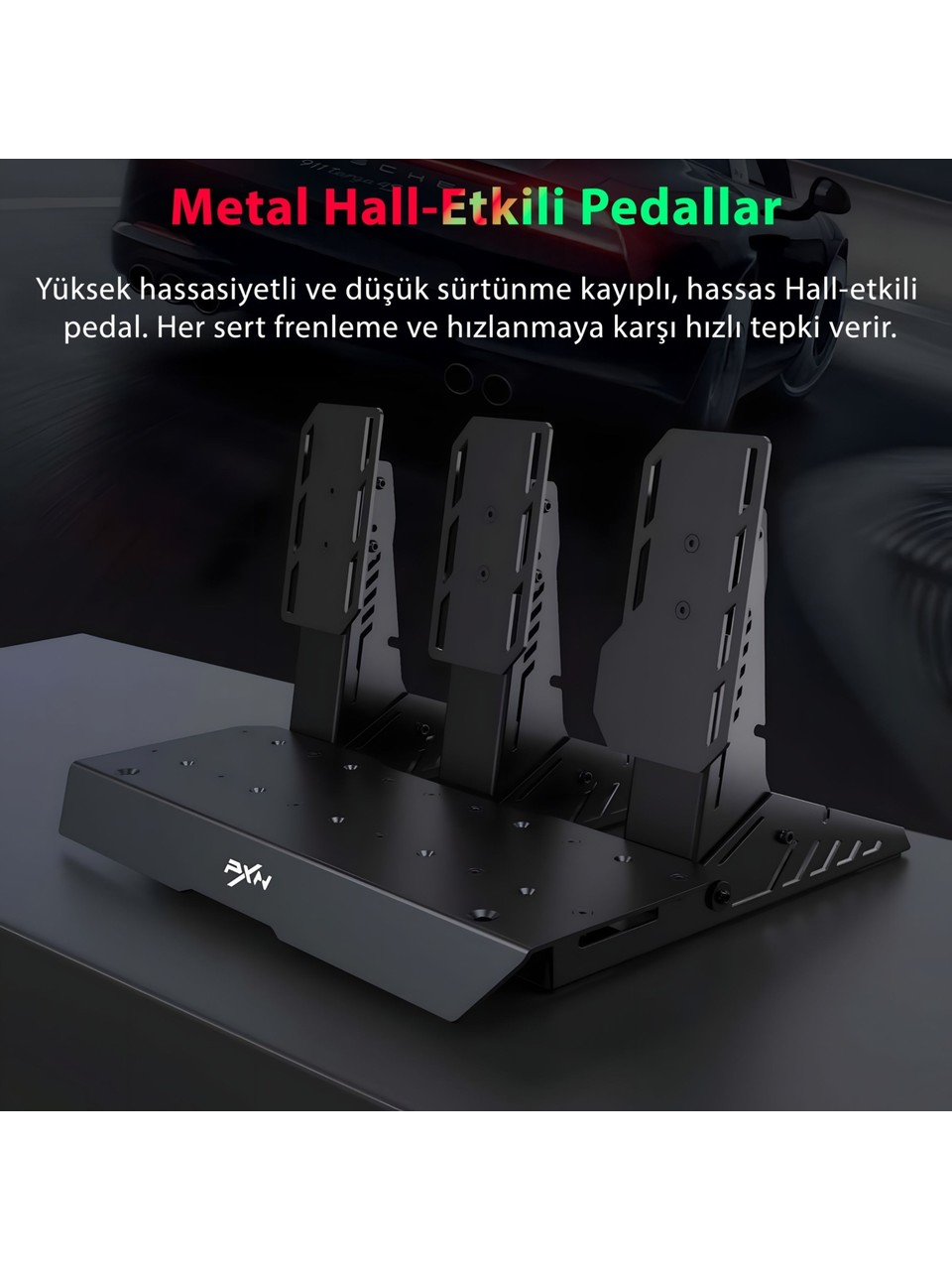 Üç pedallı ve "XN" logolu siyah metal pedal seti.
