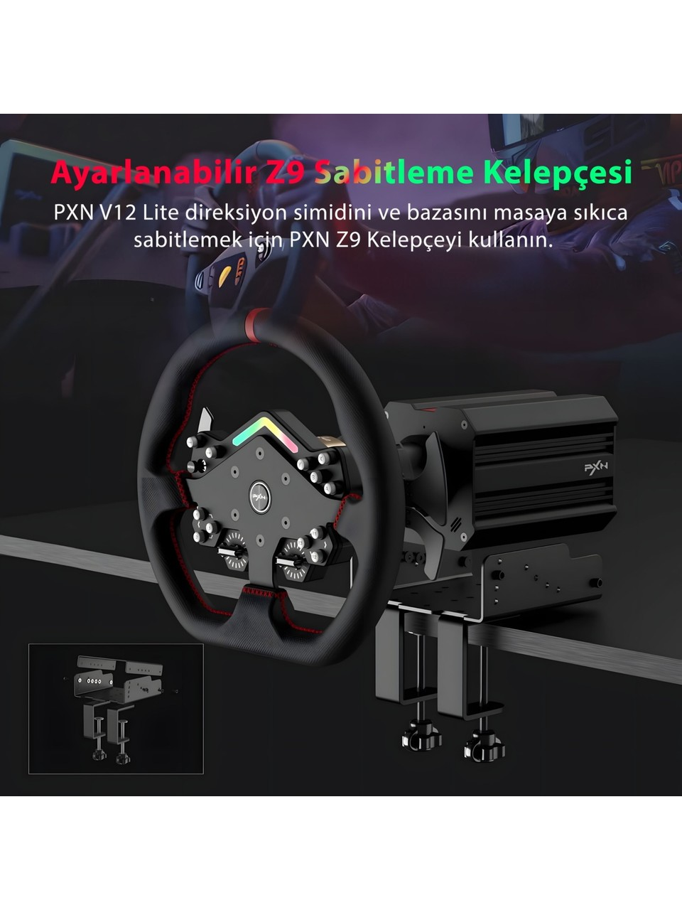 Siyah direksiyon, masaya sabitlemek için kelepçeli. Küçük braket dahil.