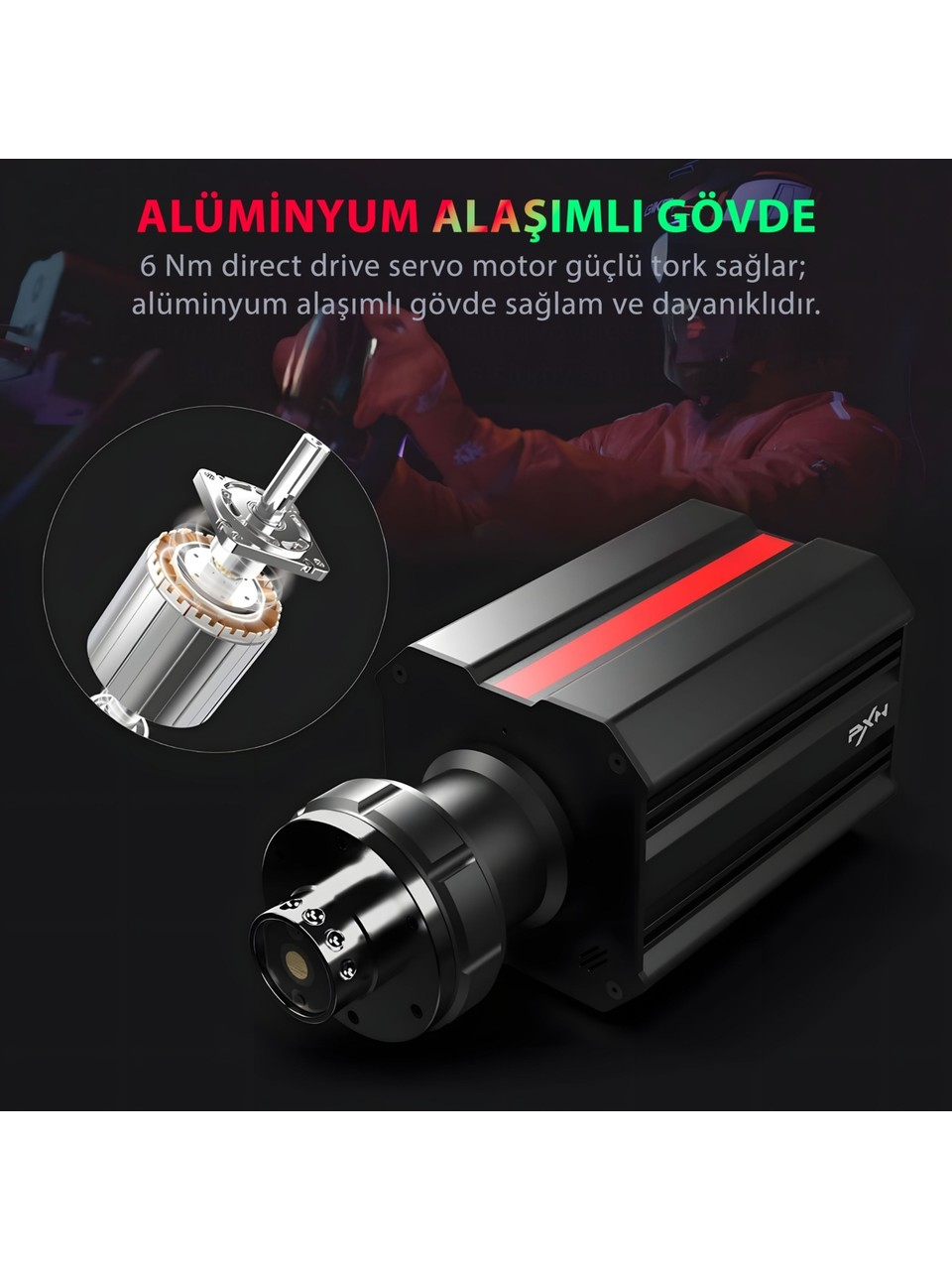 Alüminyum gövdeli, kırmızı şeritli siyah servo motor. Motor parçalarının detaylı görünümü.