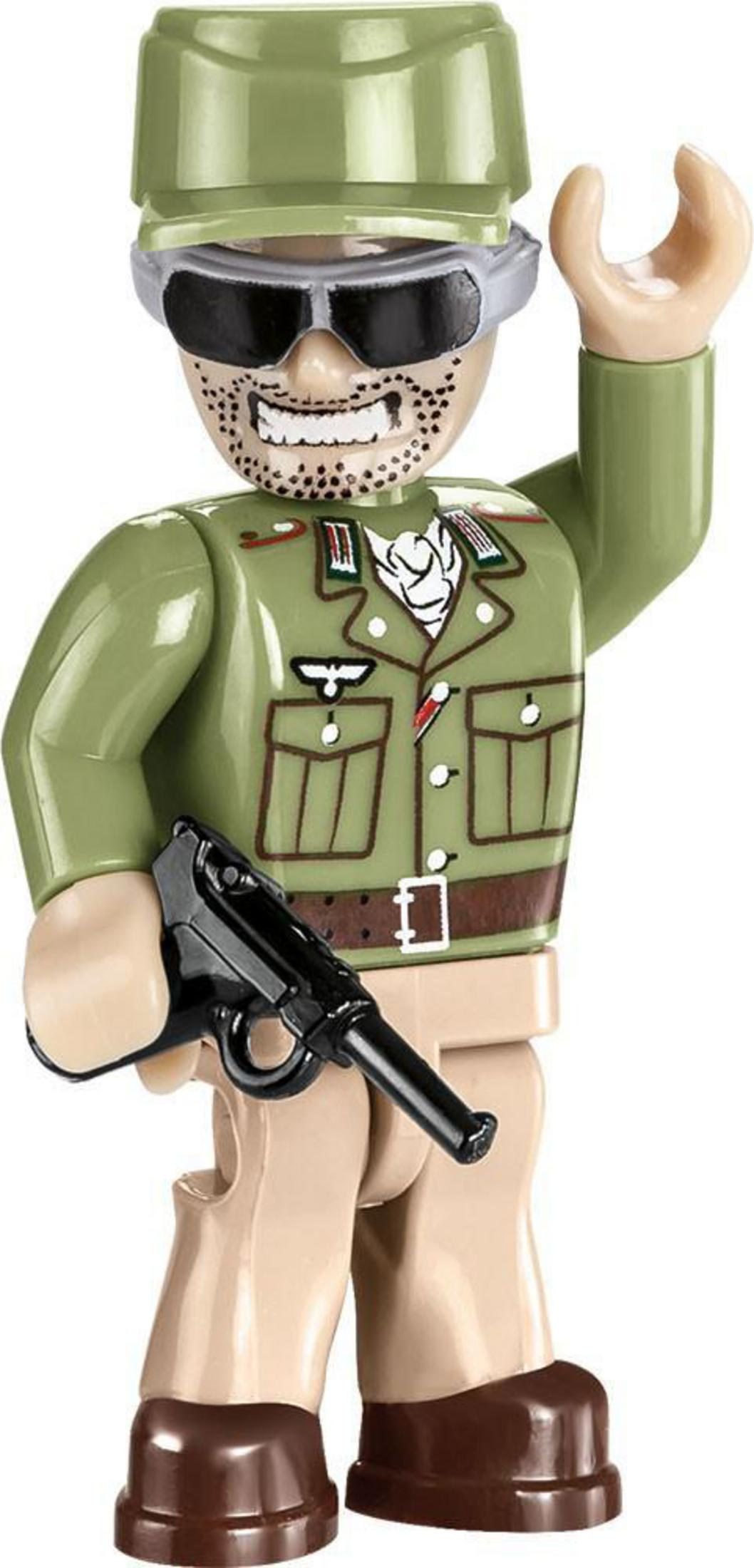Eine Figur in Uniform mit Hut, Sonnenbrille und Pistole winkt.