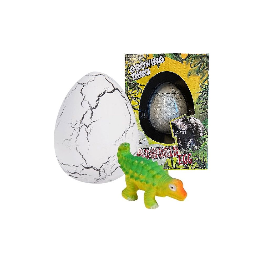Pęknięte jajo i zielony dinozaur przed opakowaniem z T-Rexem.
