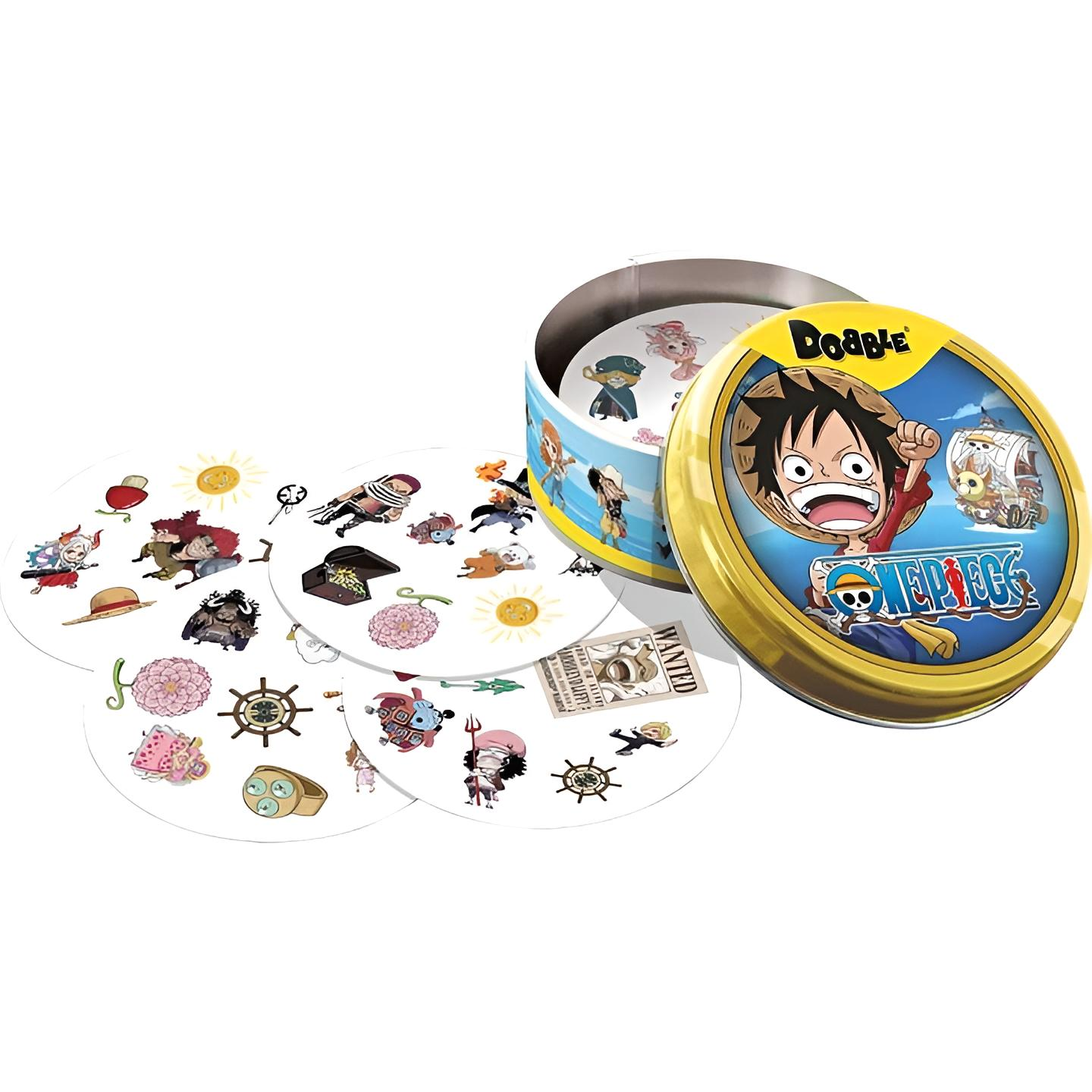 Dobble One Piece Kartenspiel-Dose mit verstreuten Karten, die Anime-Charaktere und Symbole zeigen.