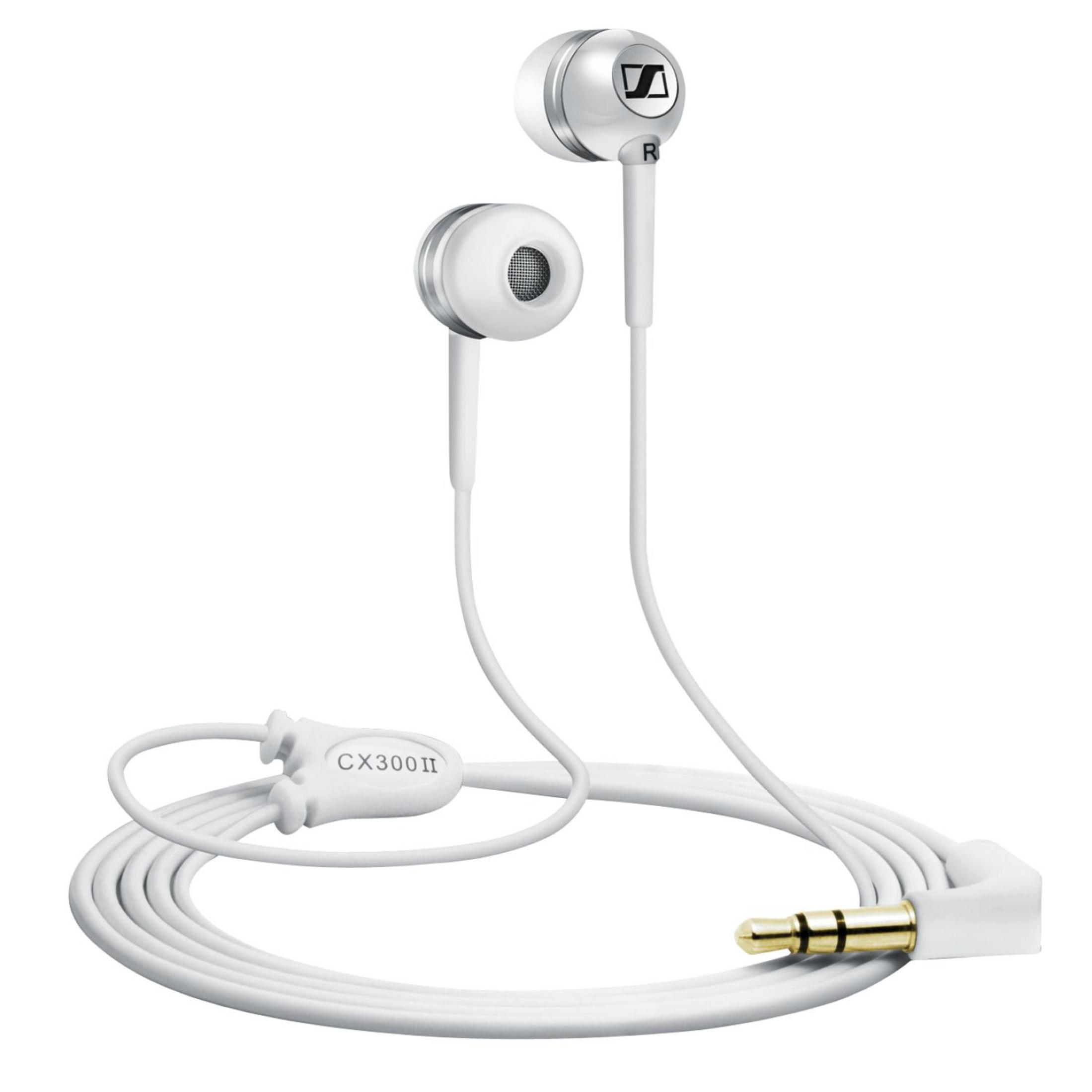 Auricolari bianchi Sennheiser CX300 II con jack placcato oro da 3,5 mm.