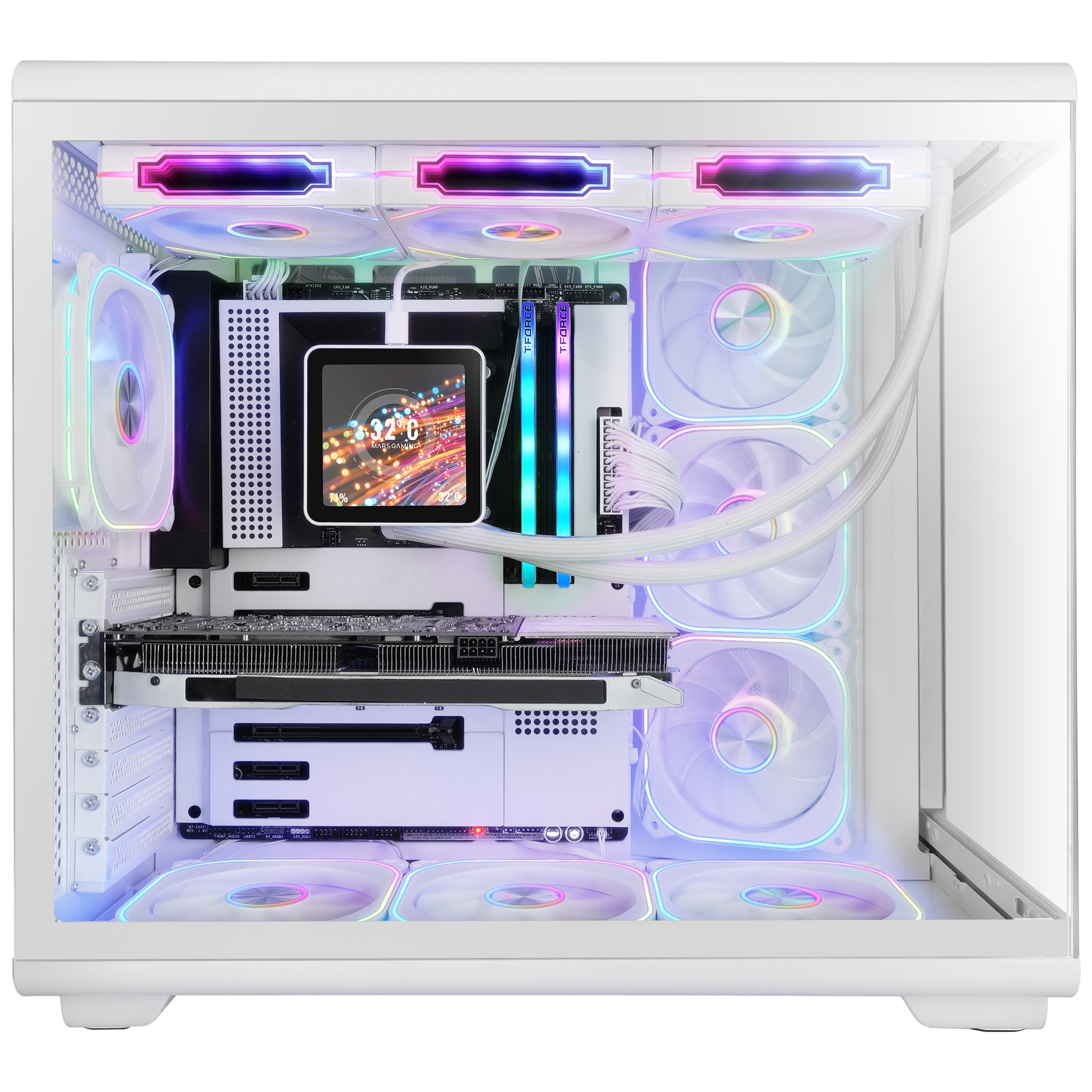 Un PC blanco con ventiladores RGB, tarjeta gráfica y pantalla pequeña.
