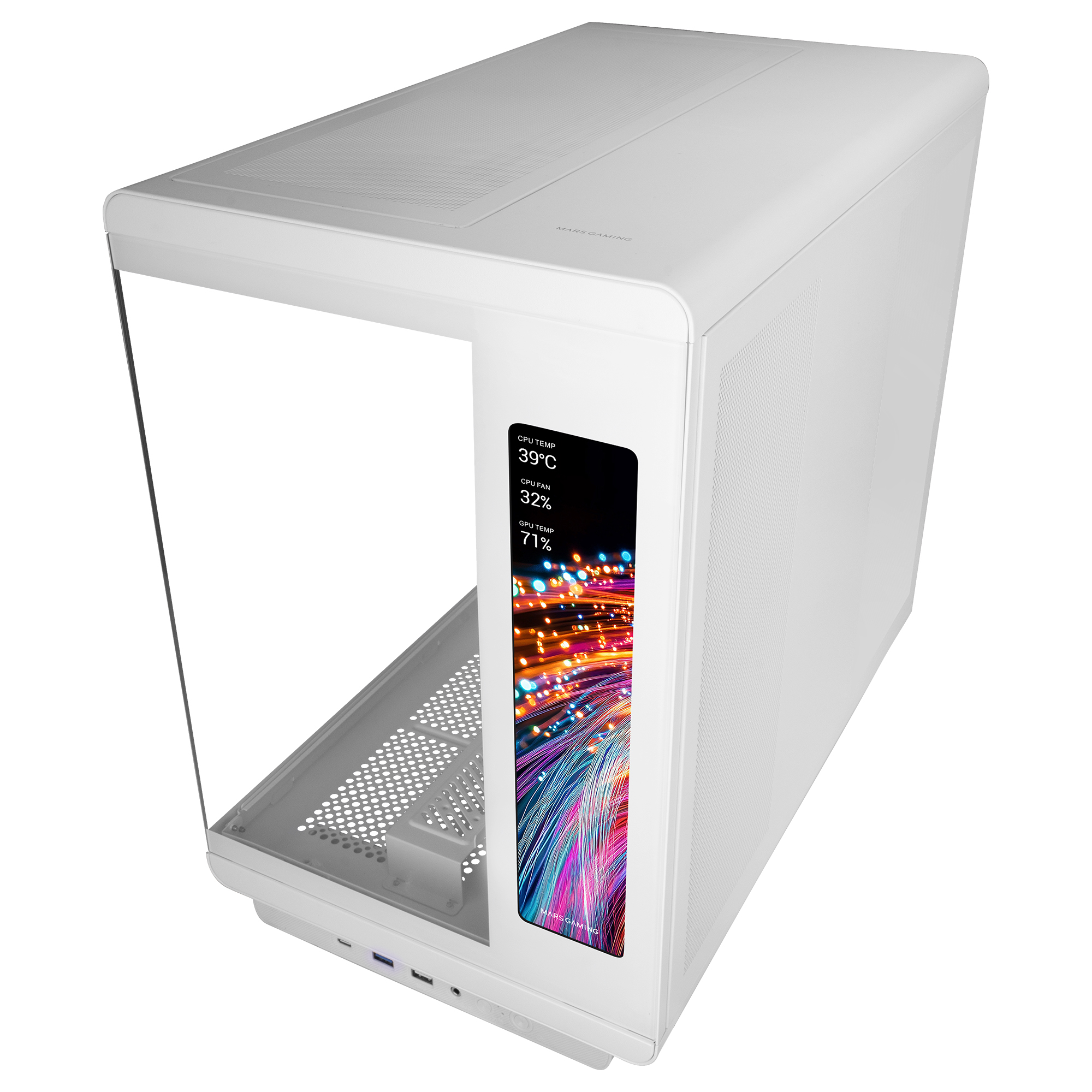 Una caja de PC blanca con frontal de cristal y pantalla integrada que muestra datos del sistema.