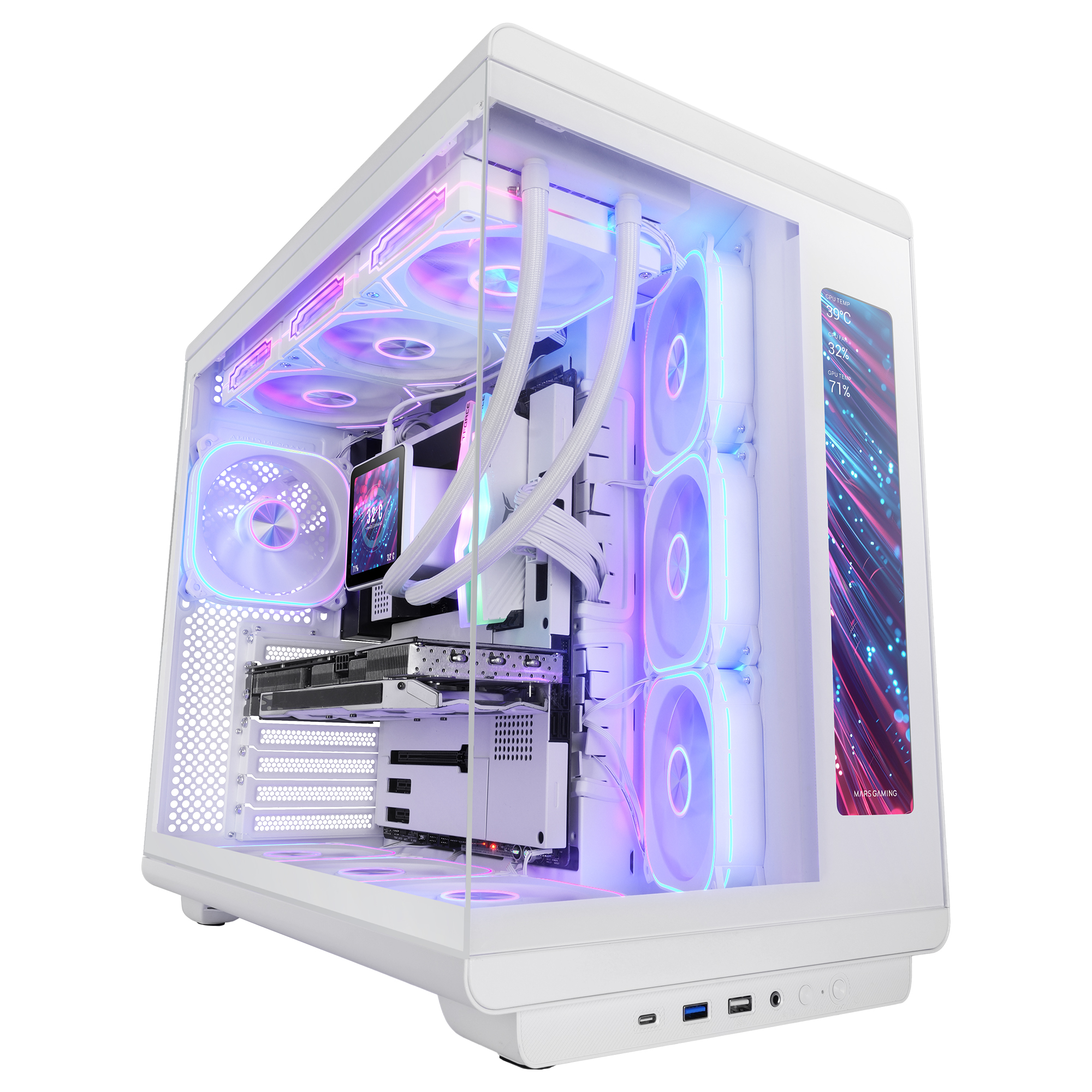 Una caja de PC blanca con iluminación RGB, refrigeración líquida y ventiladores.
