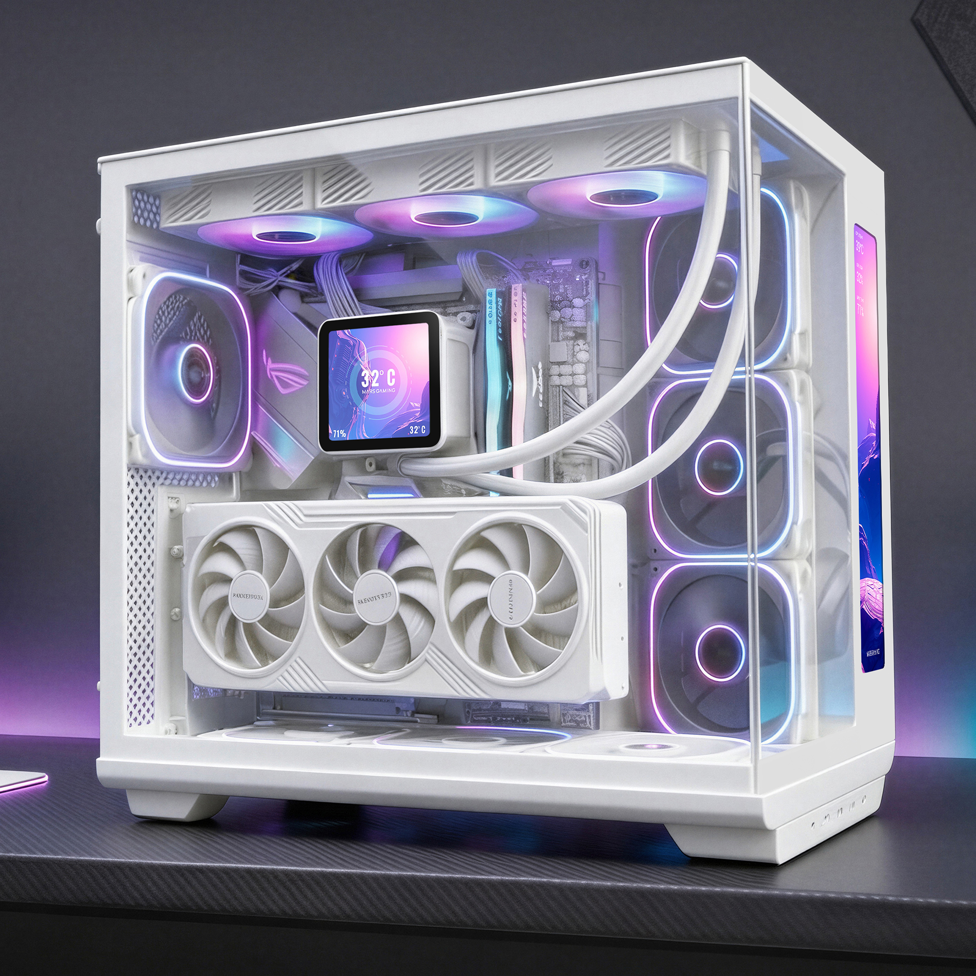 Un PC blanco con iluminación RGB, situado sobre un escritorio negro.