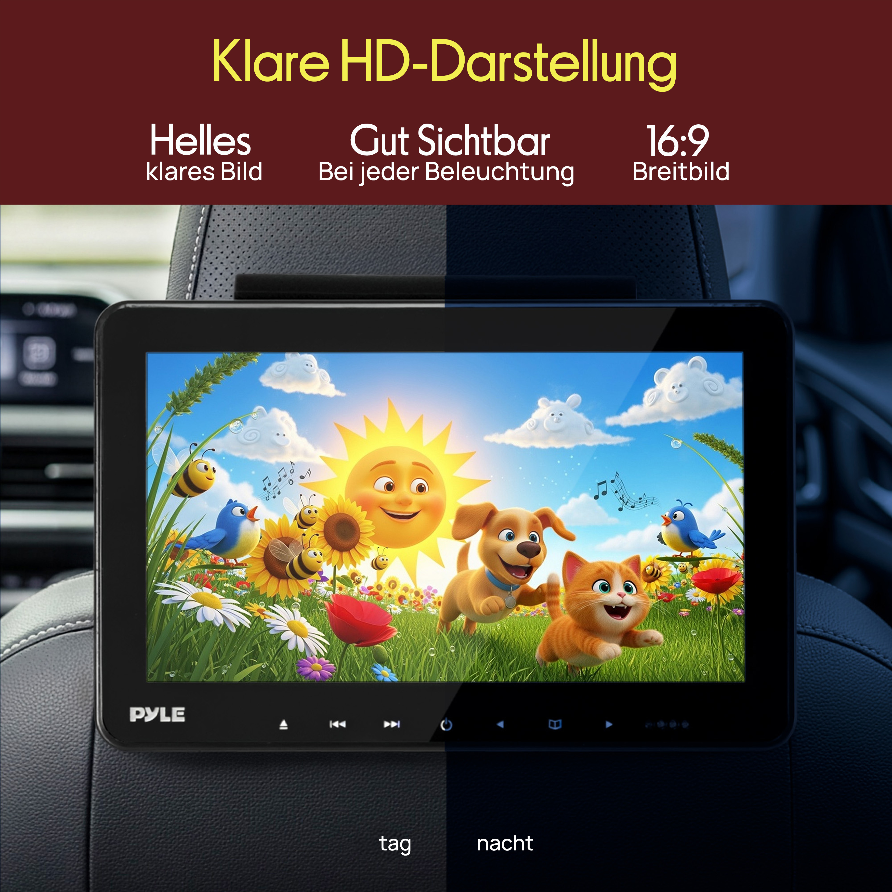 Ein Auto-Bildschirm zeigt eine Zeichentrickszene mit Tieren und Pflanzen.