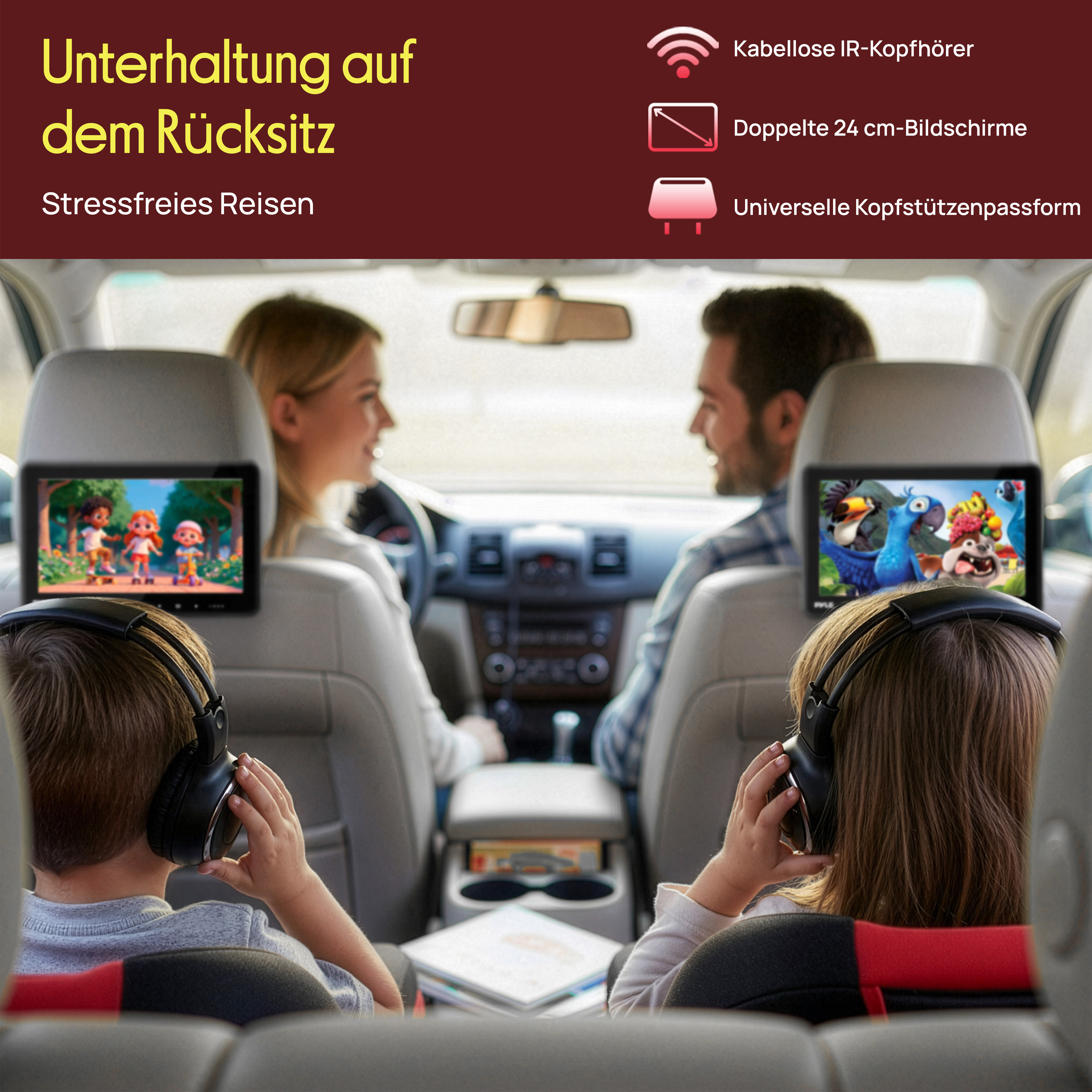 Familie reist mit Bildschirmen auf Rücksitzen und Kopfhörern.
