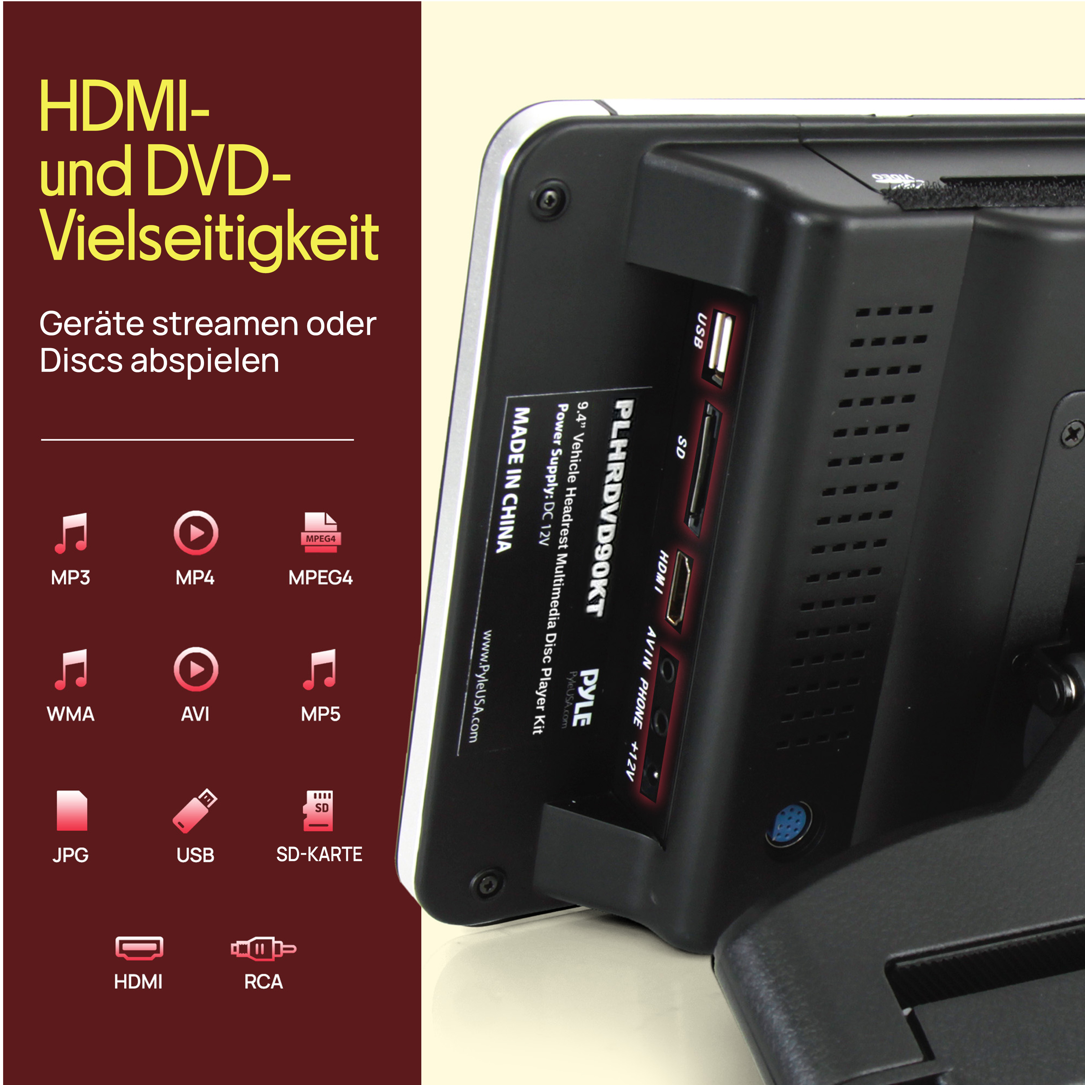 Ein tragbarer DVD-Player mit vielen Anschlüssen wie USB, HDMI, SD-Karte.
