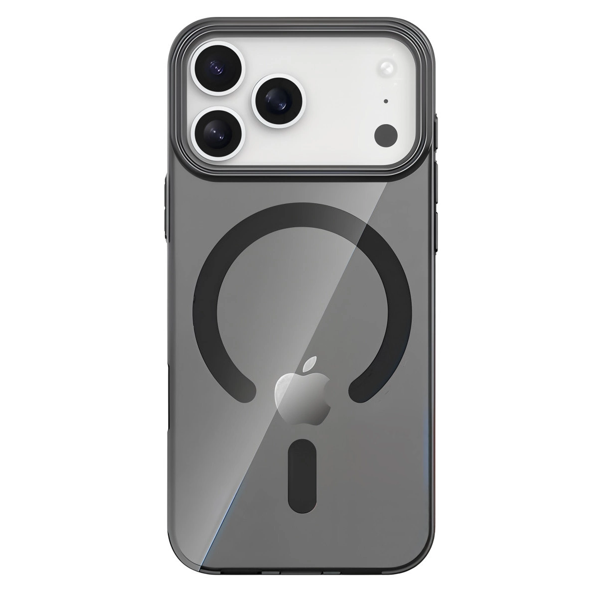 Siyah manyetik halka ve Apple logosu olan şeffaf telefon kılıfı.
