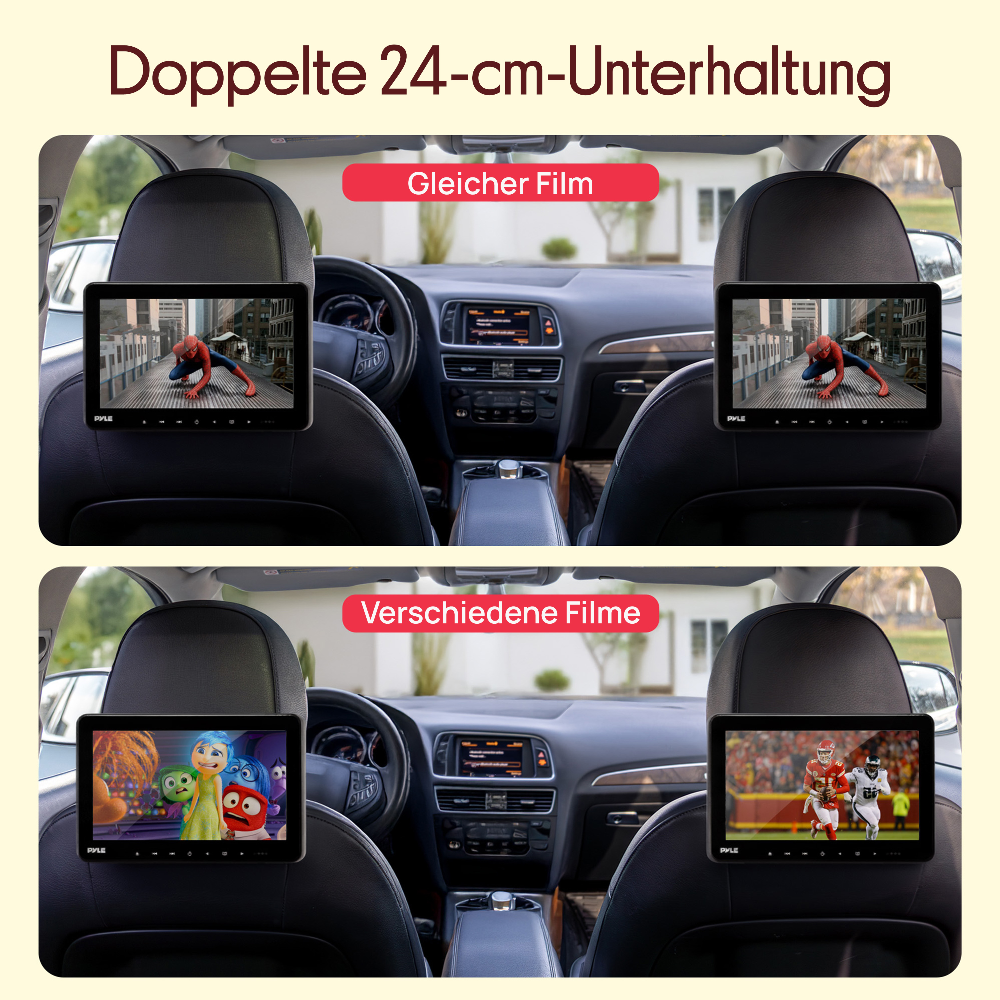 Zwei Bildschirme im Auto zeigen Filme: Spiderman und Football.