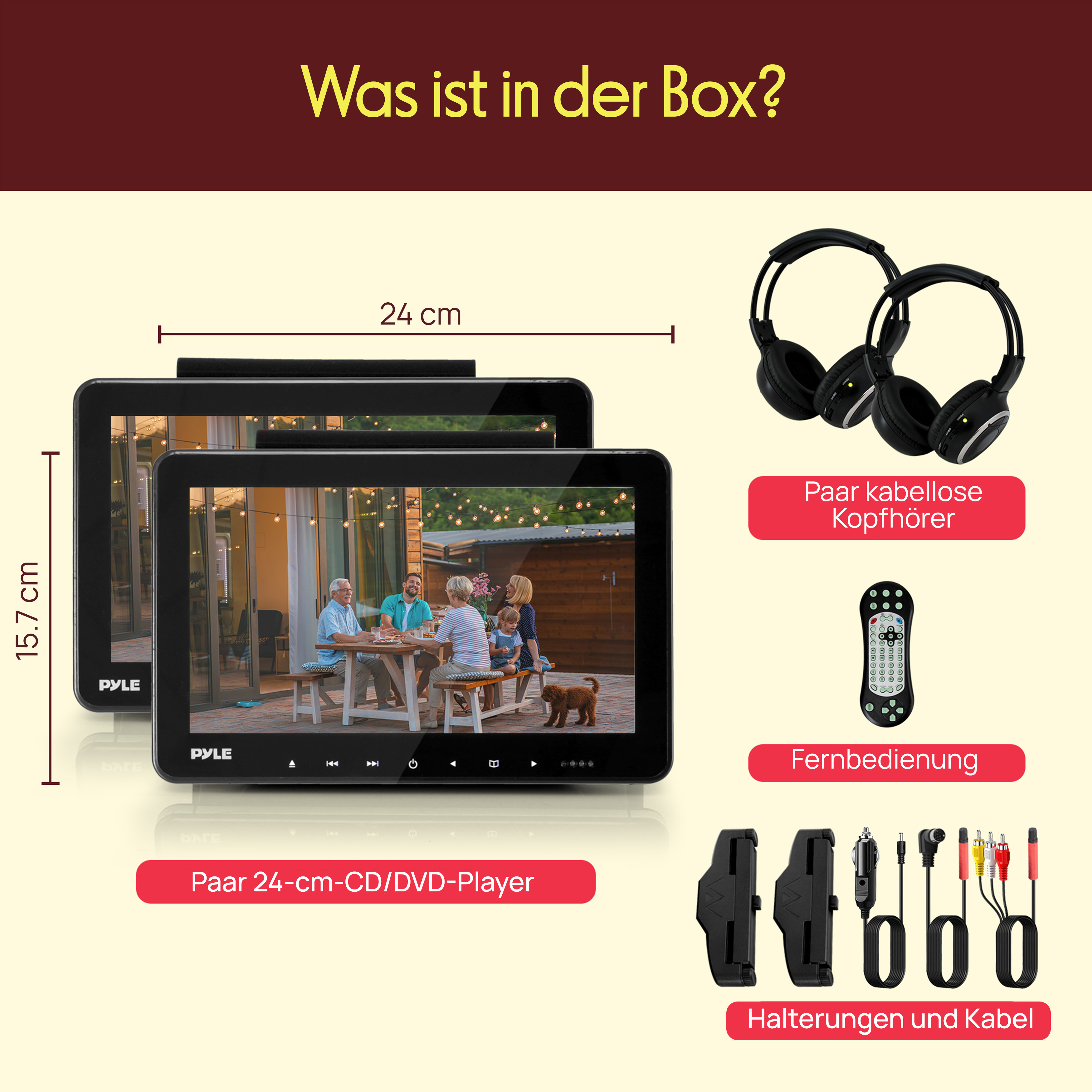 Ein 24-cm-DVD-Player mit Familie und Hund, Kopfhörer, Fernbedienung und Kabel.