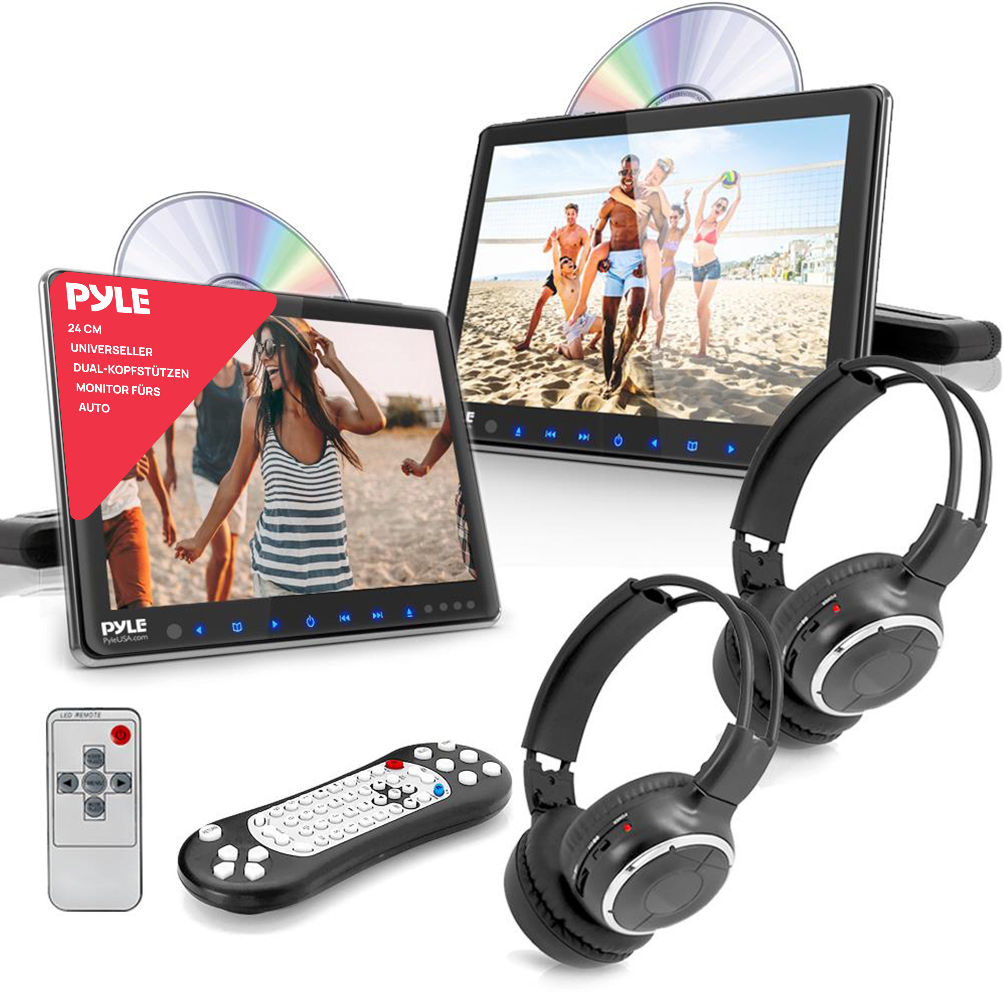 Zwei Kopfstützenmonitore mit Displays, Kopfhörer, Fernbedienungen und CDs.