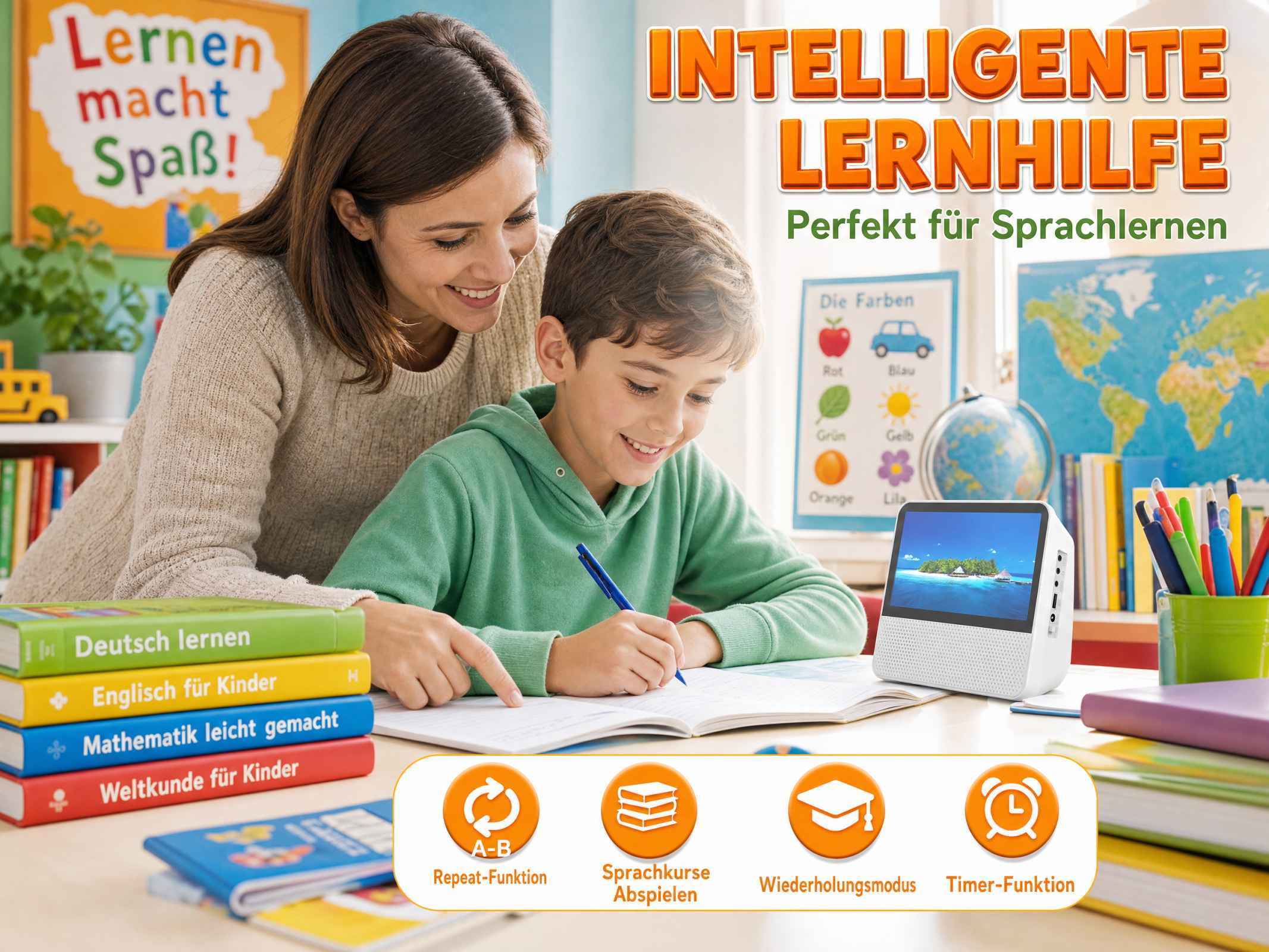 Frau und Kind lernen mit Lernhilfe und Büchern. Im Hintergrund eine Weltkarte.