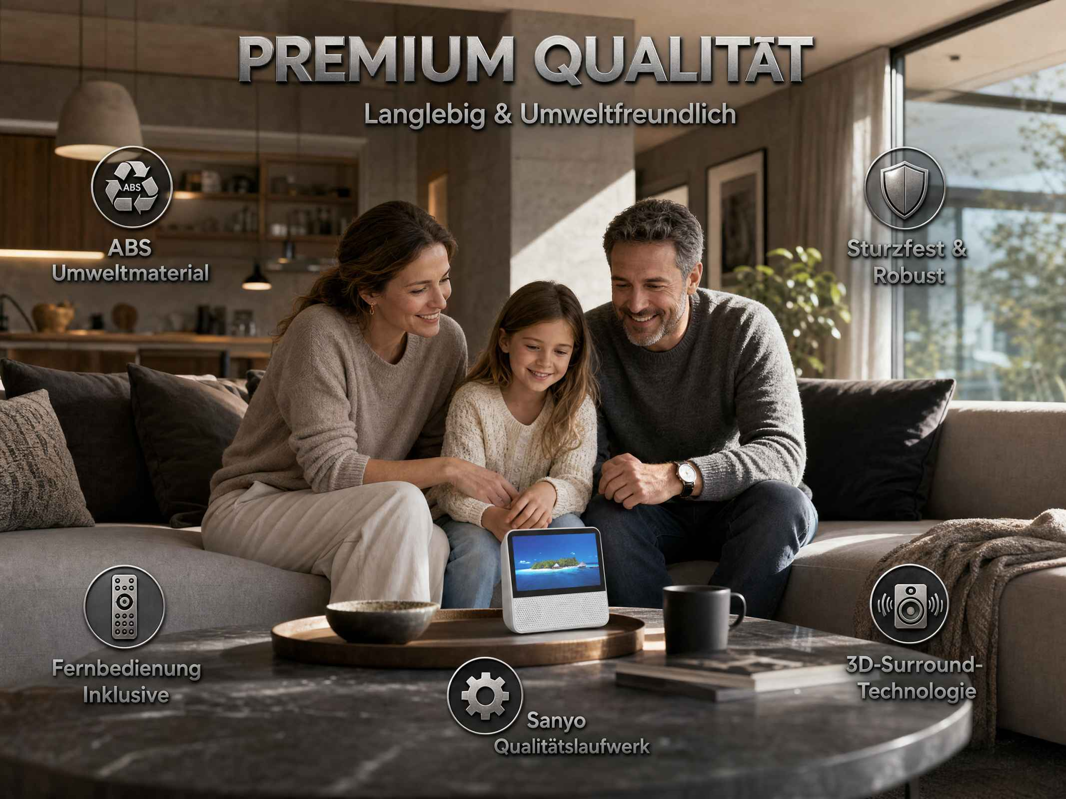 Familie sitzt auf Sofa und schaut auf einen kleinen Bildschirm.