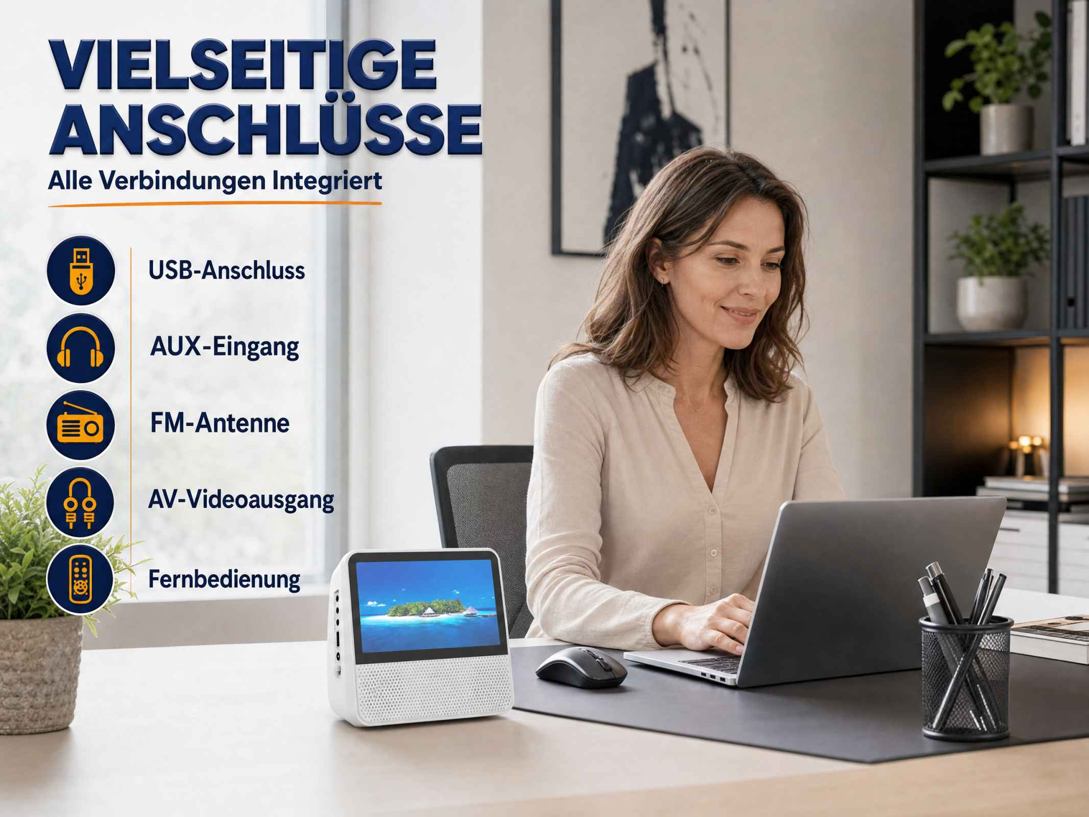 Frau arbeitet am Laptop mit einem Gerät, das Anschlüsse zeigt.