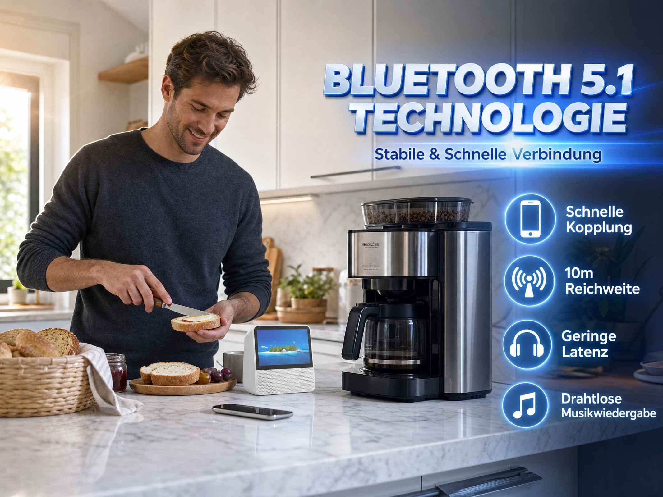 Mann in Küche bereitet Toast zu neben Kaffeemaschine. Bluetooth 5.1.