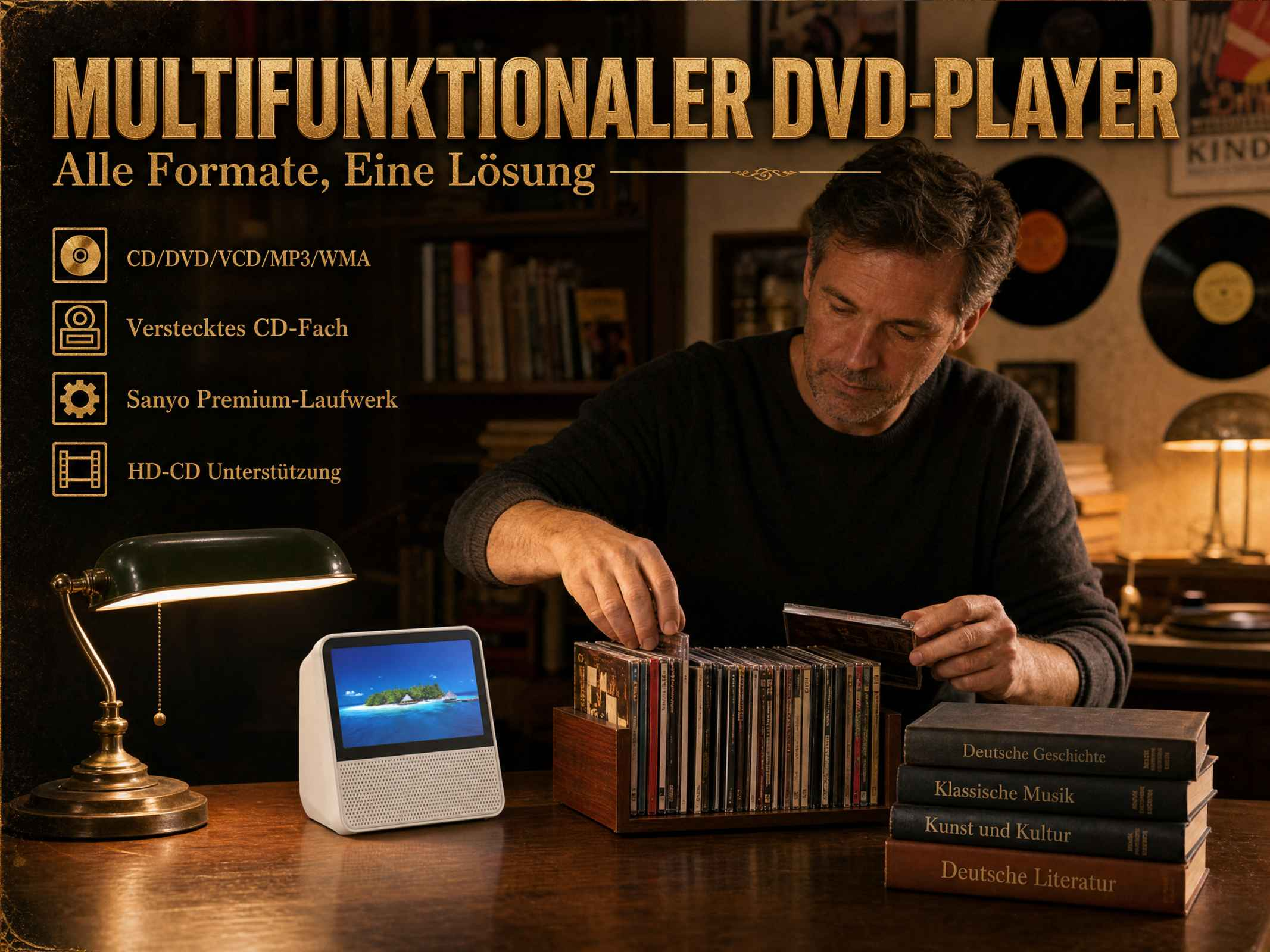 Mann sortiert CDs vor einem multifunktionalen DVD-Player, Bücher und Vinyl.