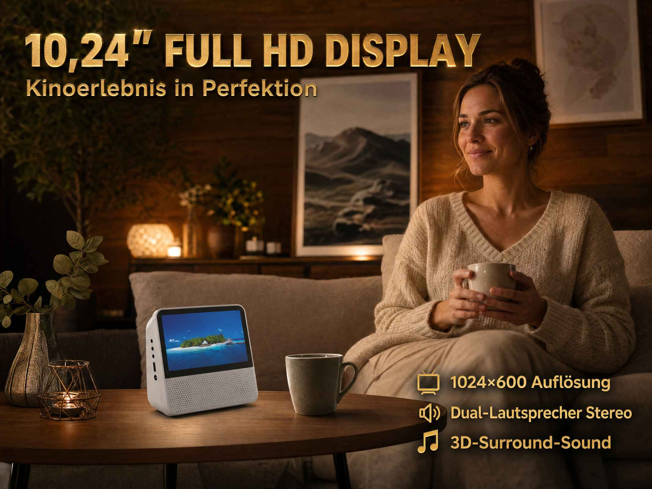 Frau auf Couch mit Tasse, Smart Display mit tropischem Bild.