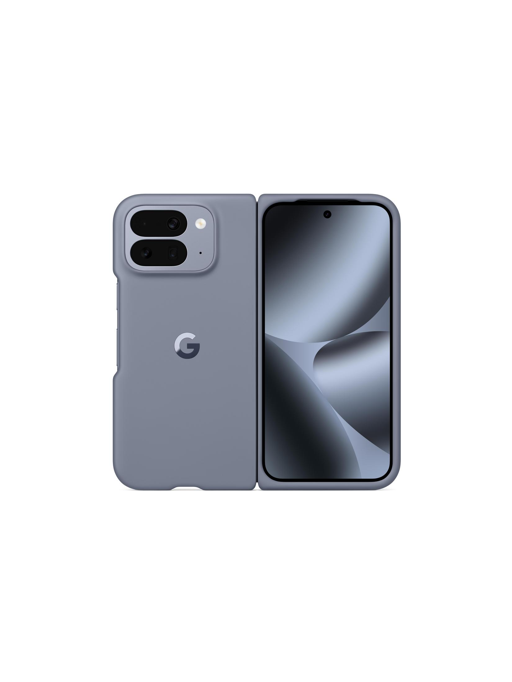 Un smartphone plegable morado abierto con el logo de Google en la parte posterior.