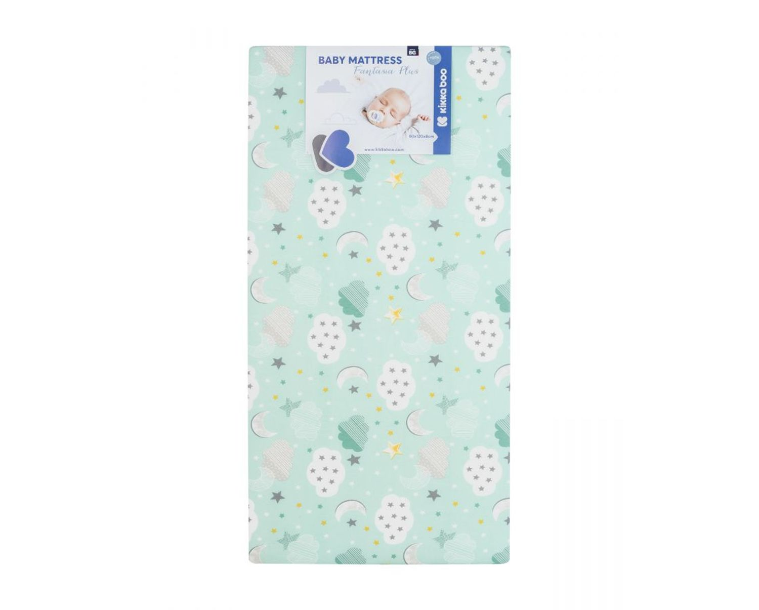 Baby-Matratze mit Sternen-, Wolken- und Mondmuster auf mintgrünem Hintergrund.