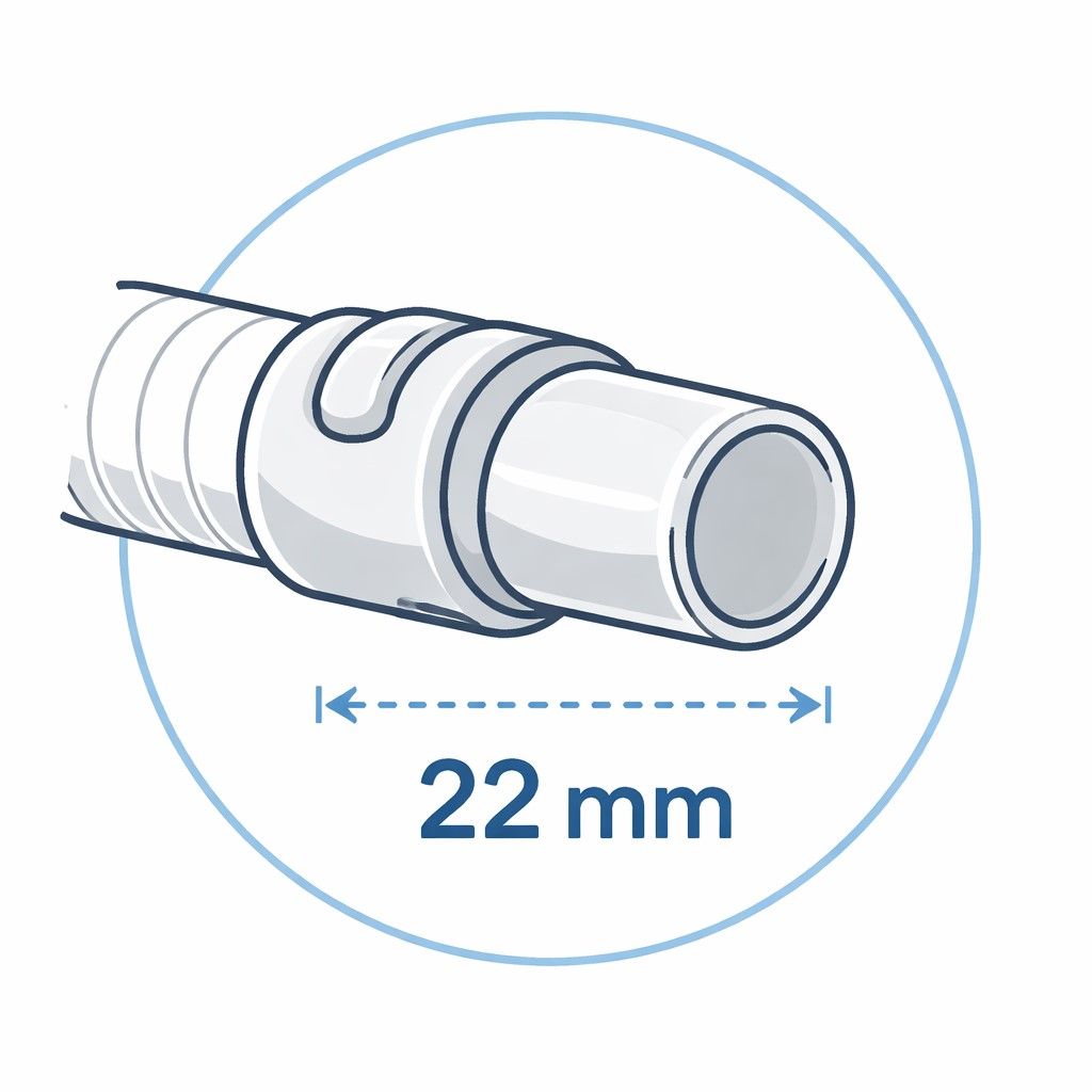Detailaufnahme eines weißen Schlauchendes mit einer Markierung von 22 mm.