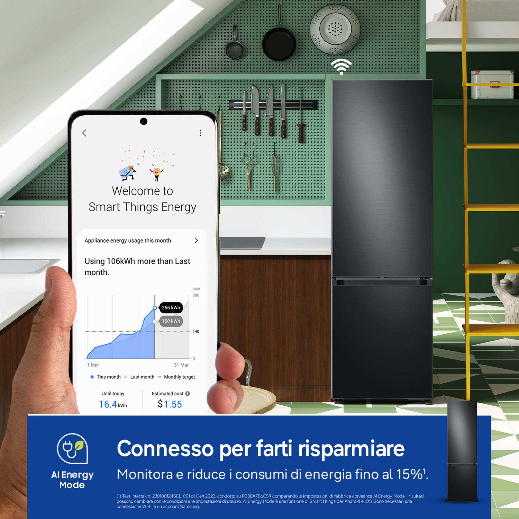 Uno smartphone mostra l'app Smart Things Energy con dati di consumo.