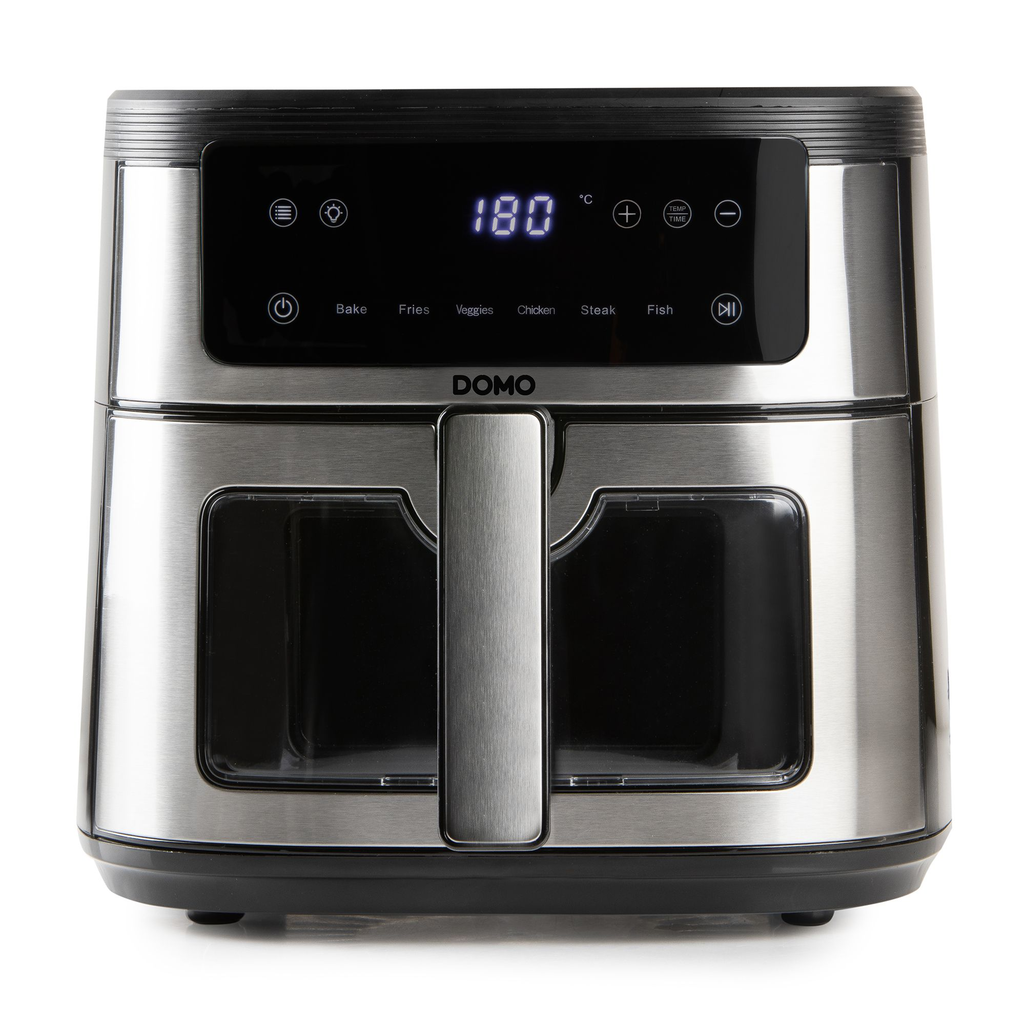 Friteuse à air en acier inoxydable avec écran numérique et options de menu.