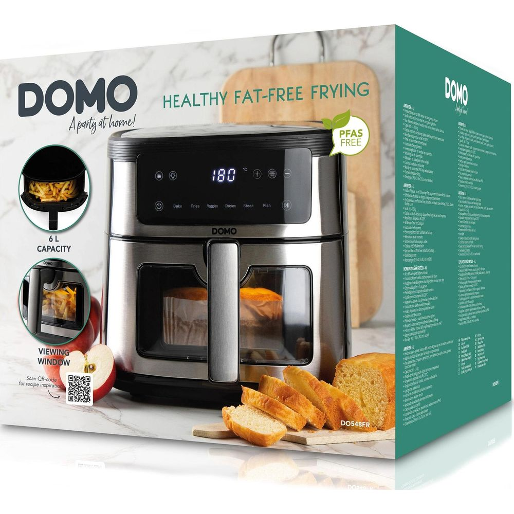Une friteuse à air DOMO argentée de 6L affichant des frites et du pain.