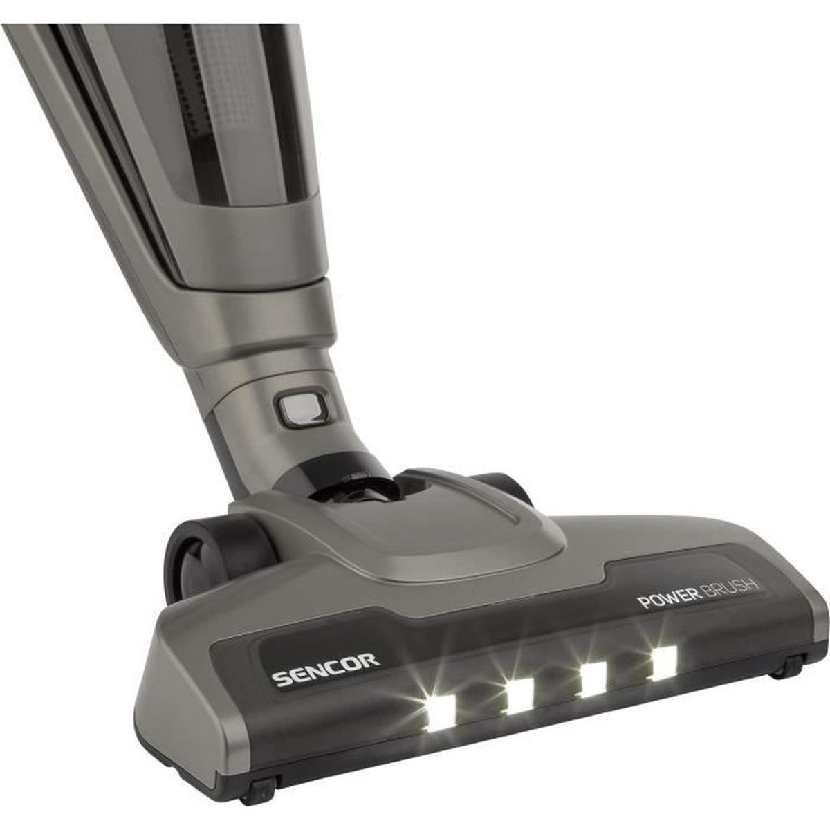 Testina aspirapolvere grigia con quattro luci brillanti e scritta "SENCOR POWER BRUSH".