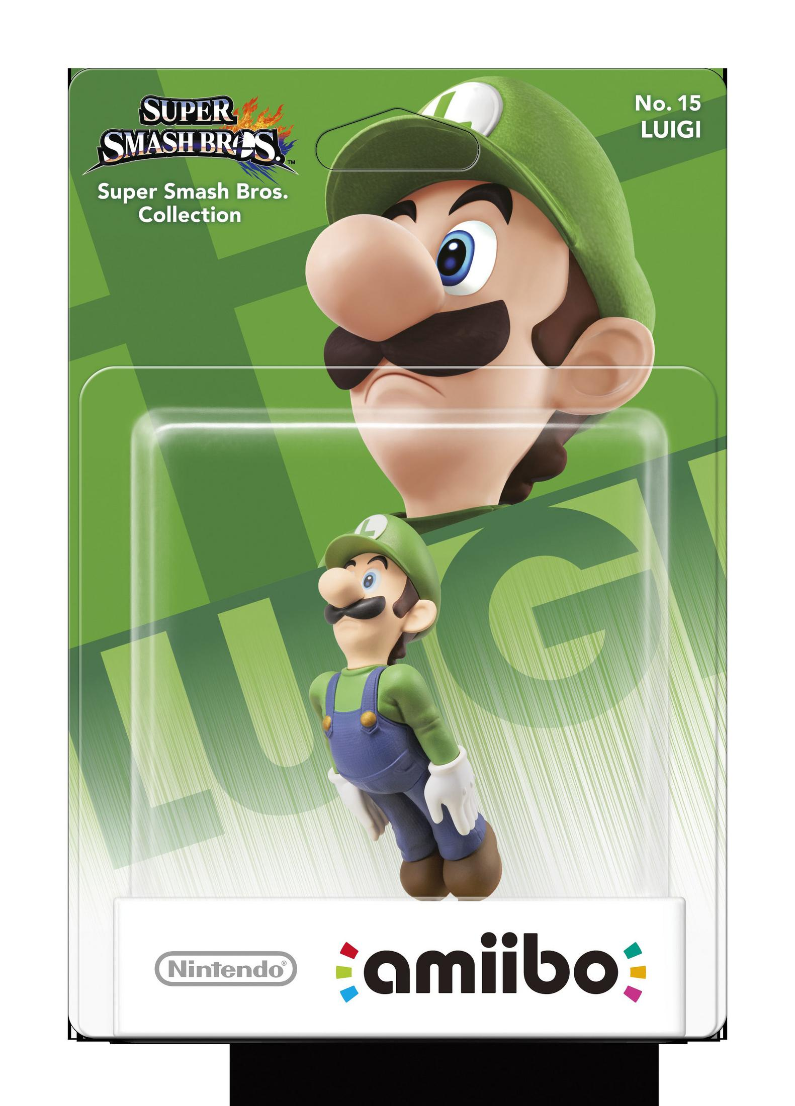 Figurine Amiibo Luigi sous emballage, avec marque Super Smash Bros.