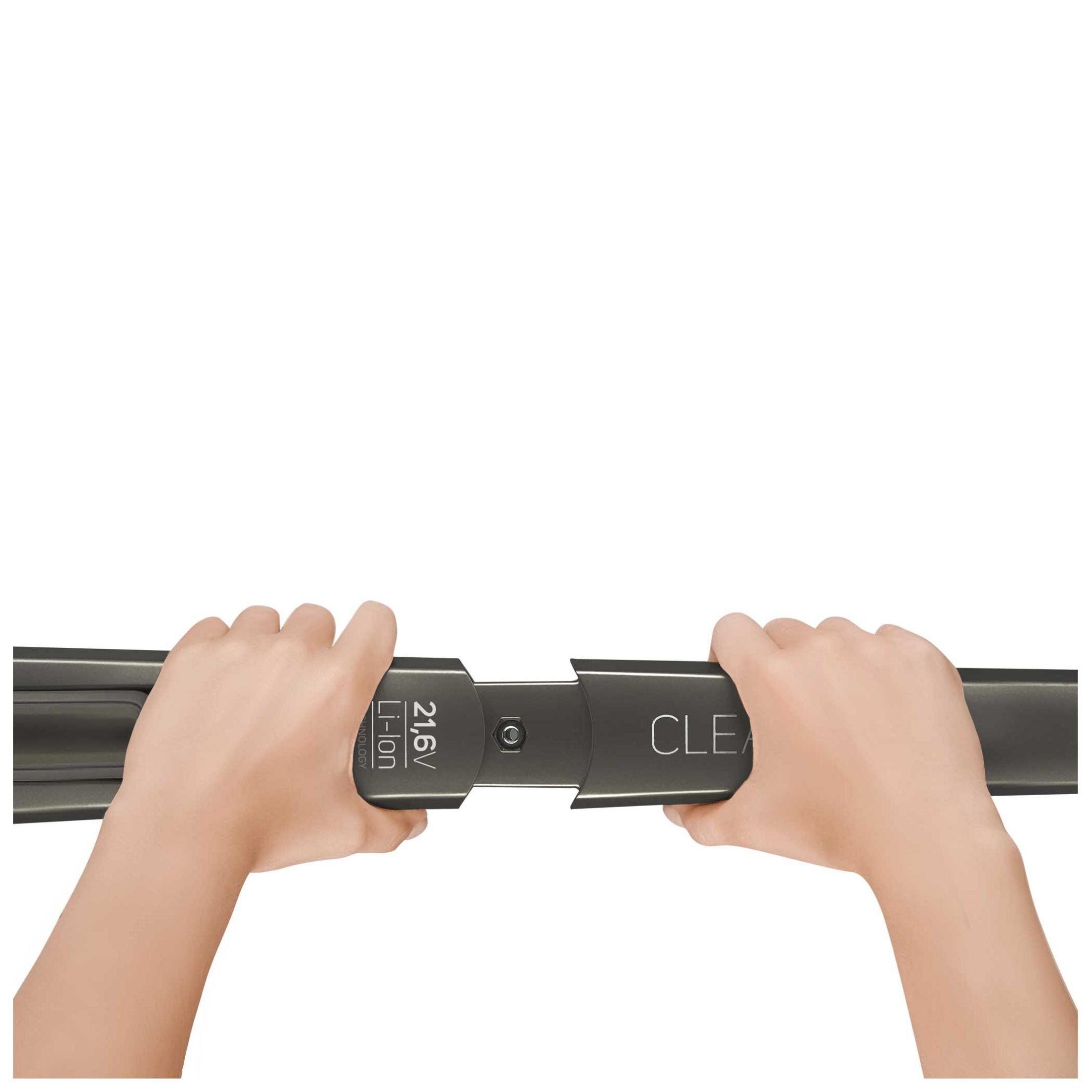 Mani tengono un tubo scuro con 21,6V Li-Ion e CLEAN.