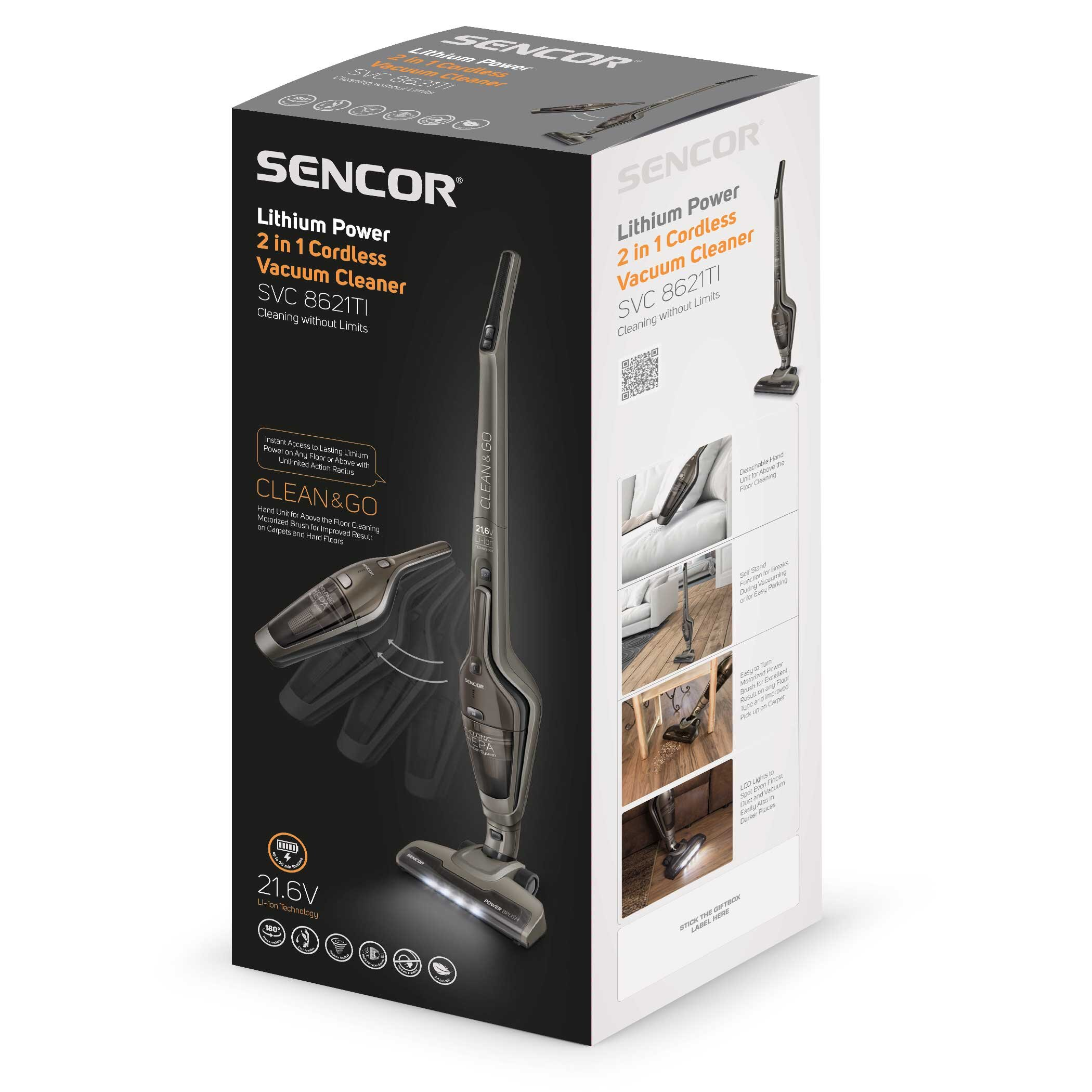 Confezione di un aspirapolvere senza fili SENCOR SVC 8621TI con accessori.