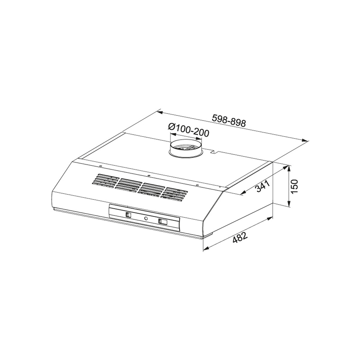Disegno tecnico di una cappa da cucina con dimensioni.