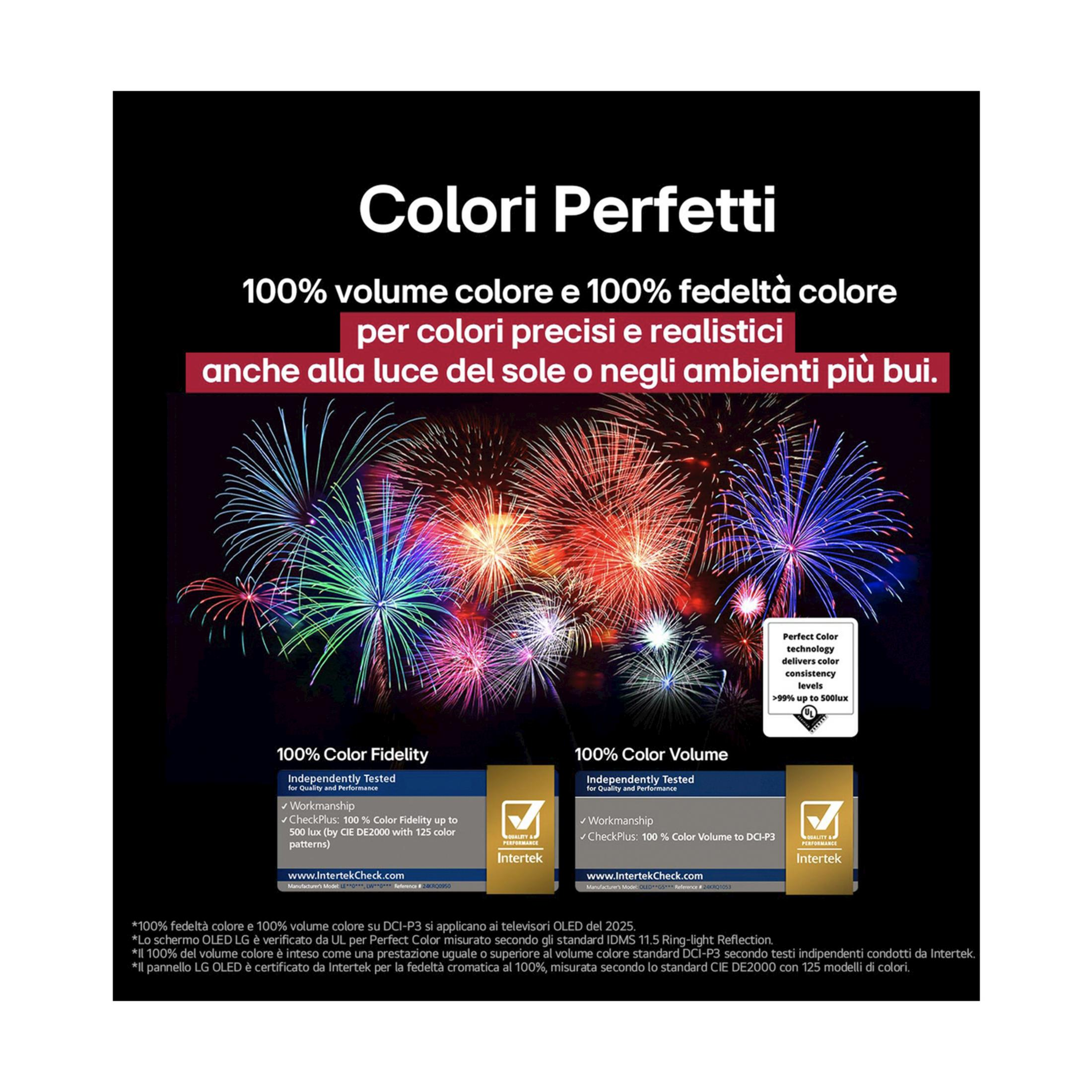 Fuochi d'artificio colorati esplodono su sfondo scuro, con testo sulla fedeltà cromatica.