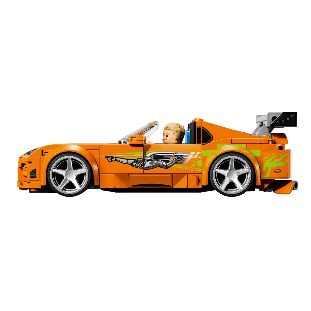 Sürücülü ve yeşil çıkartmalı turuncu Lego spor araba.