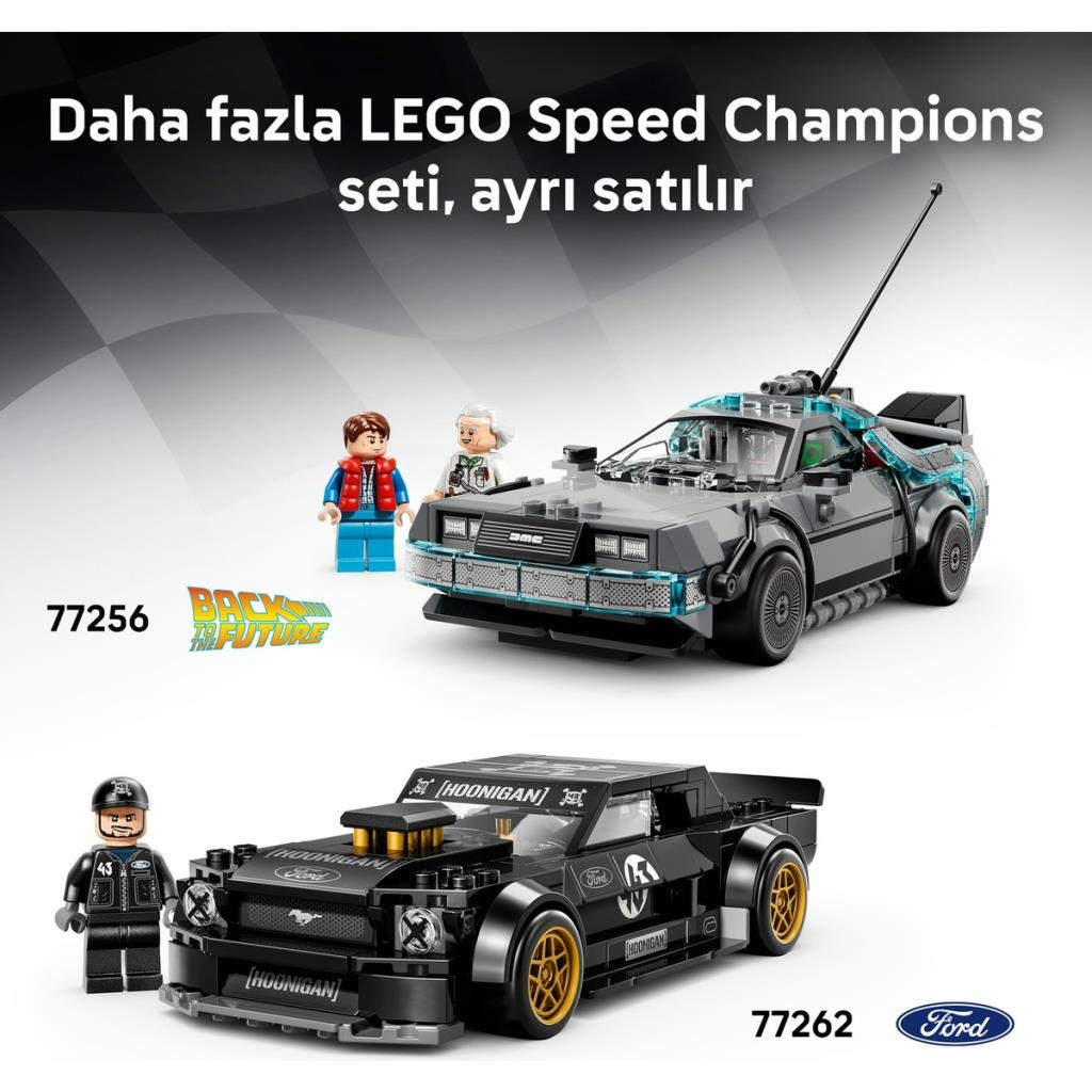 LEGO DeLorean ve Ford Hoonicorn figürlü. Üstte: DeLorean zaman makinesi.