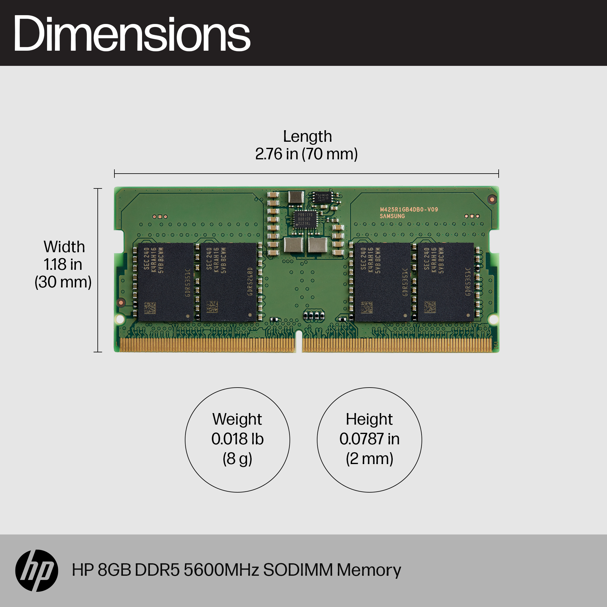 Memoria HP 8GB DDR5 5600MHz SODIMM Dimensioni: L 70mm, P 30mm, A 2mm