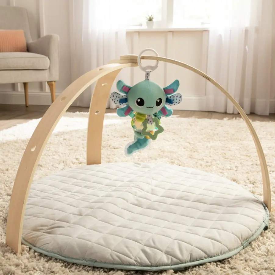 Un gimnasio de juegos para bebés con un lindo juguete de ajolote y una alfombra acolchada.