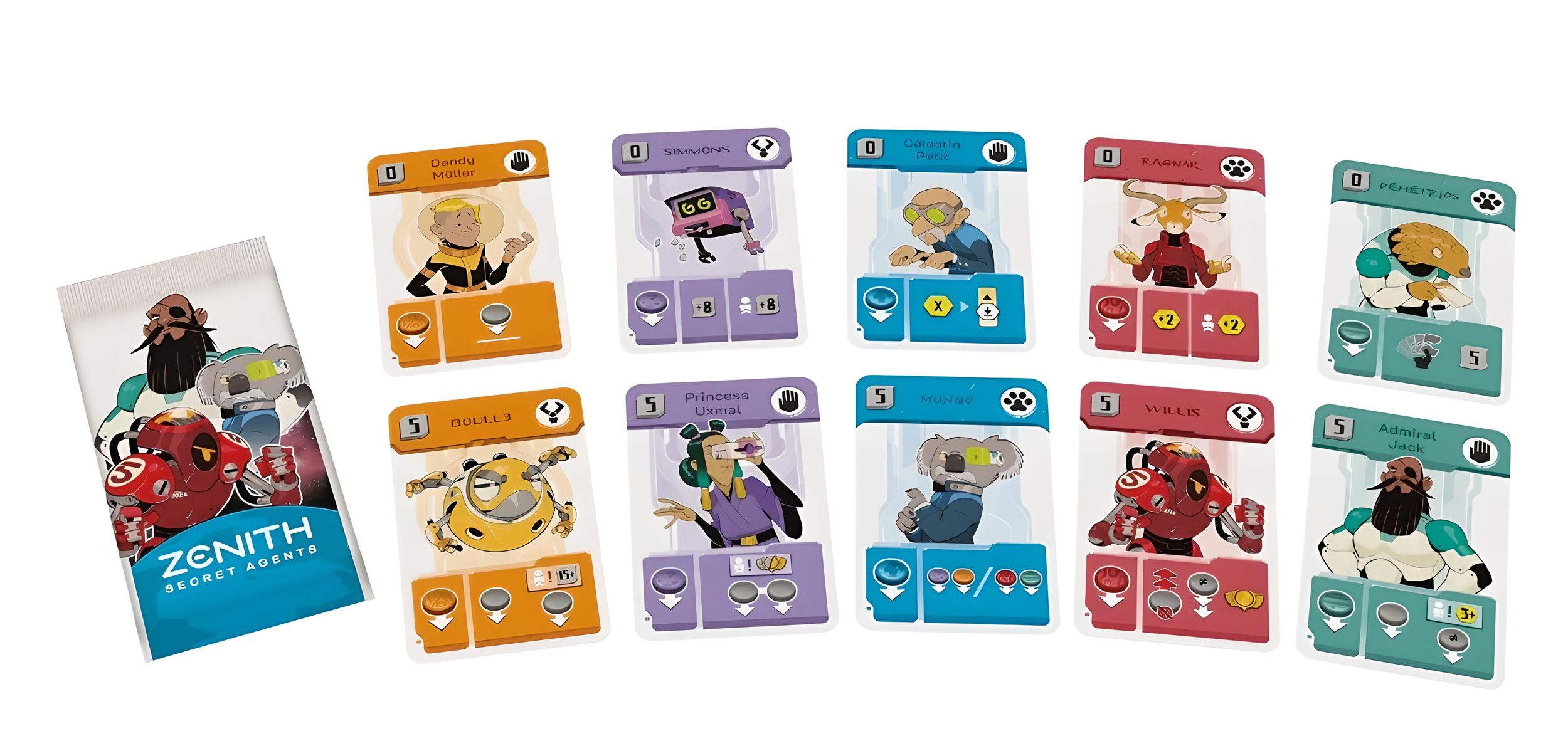 Spielkarten für Zenith Secret Agents, mit Charakteren und Symbolen.