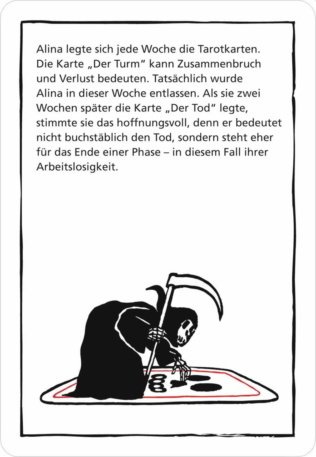 Todfigur mit Sense legt Tarotkarten, um einen Wendepunkt darzustellen.