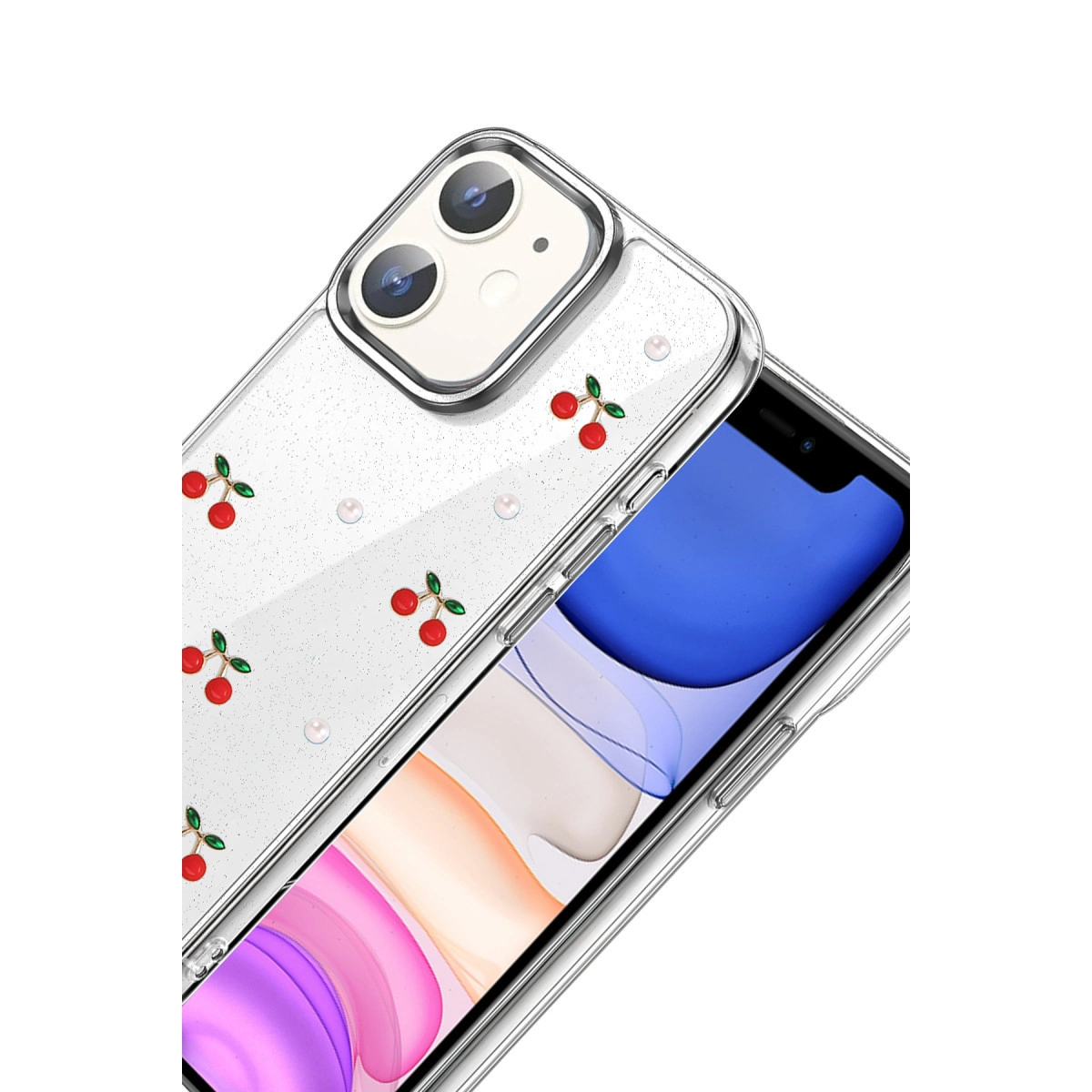 Şeffaf telefon kılıfı, sim ve kırmızı kiraz tasarımlı, beyaz arka planlı.