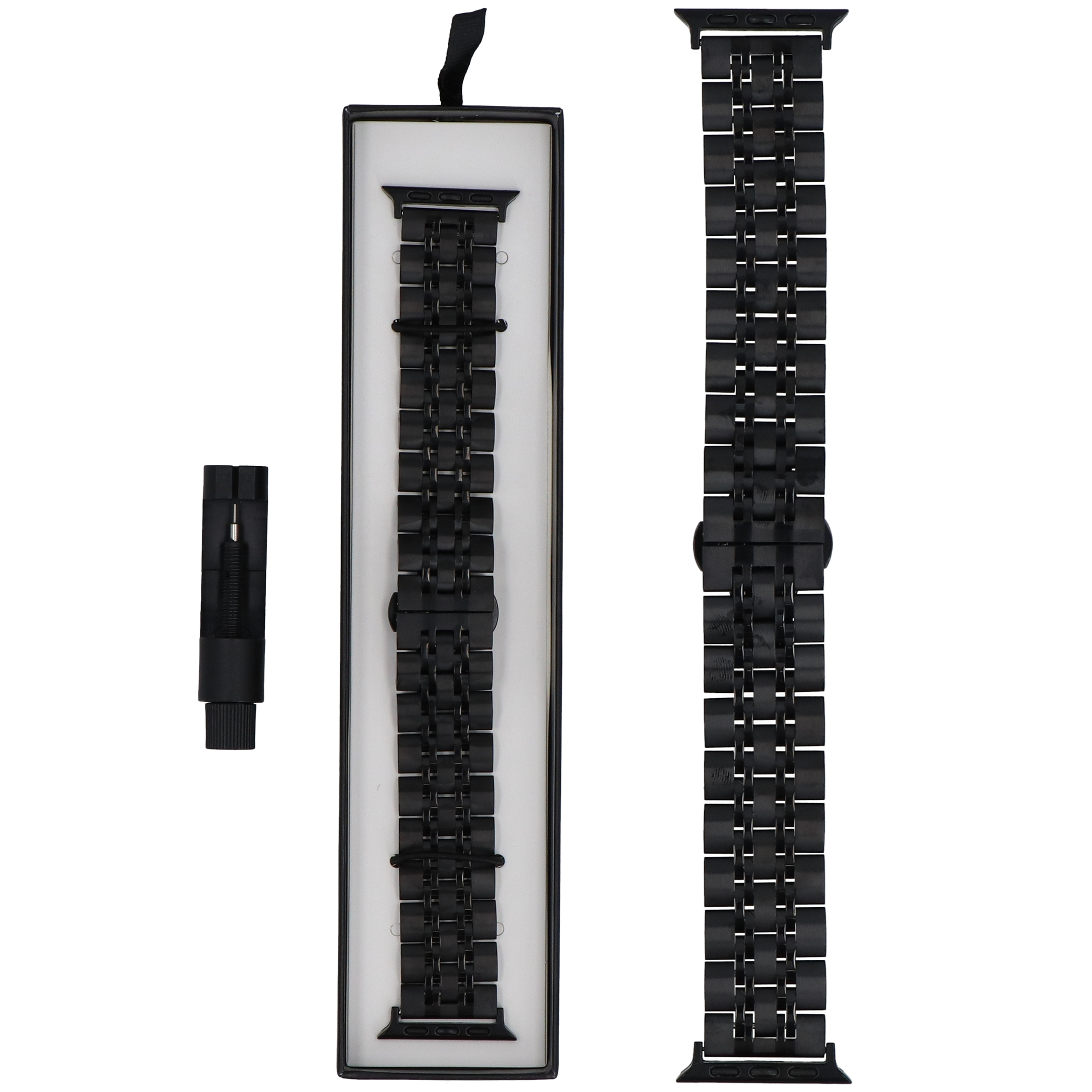 Czarna bransoleta do smartwatch w pudełku i osobno, z narzędziem.
