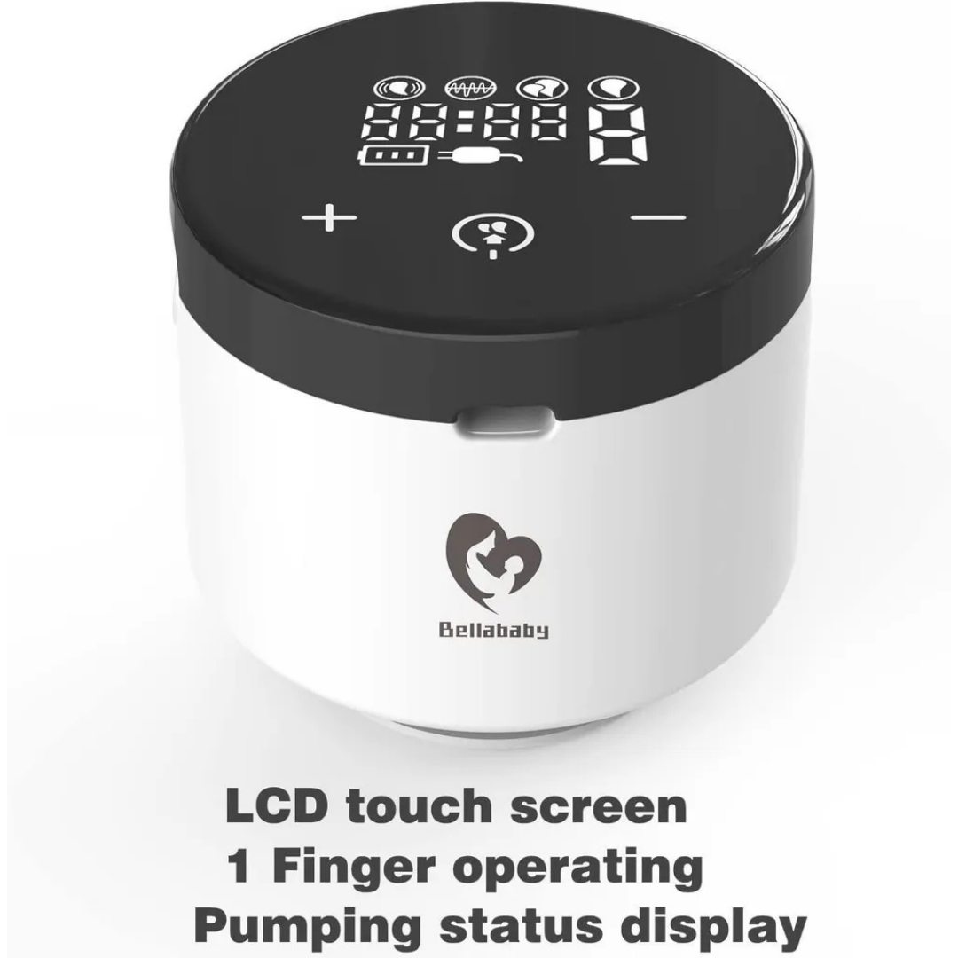 Weiße Milchpumpe mit schwarzem Touchscreen-Display, das Symbole und Zahlen anzeigt.