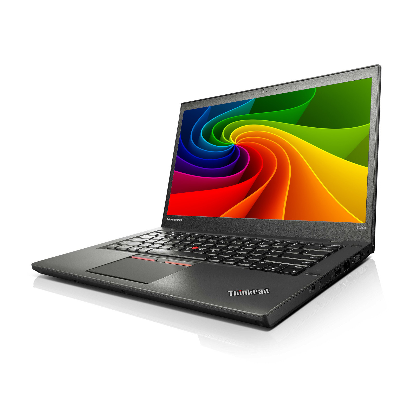 Ein schwarzer Lenovo ThinkPad Laptop mit buntem Hintergrund auf dem Bildschirm.