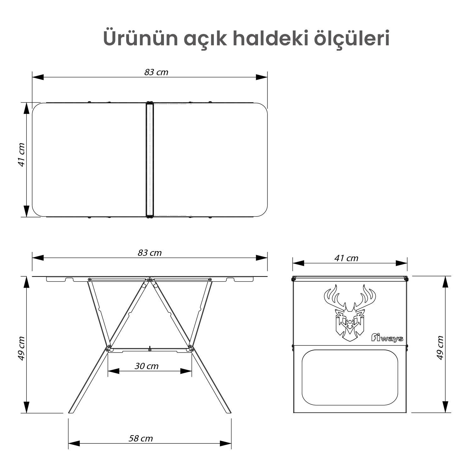 Masa ölçüleri teknik çizimi: 83x41 cm (kapalı), 83x58 cm (açık).