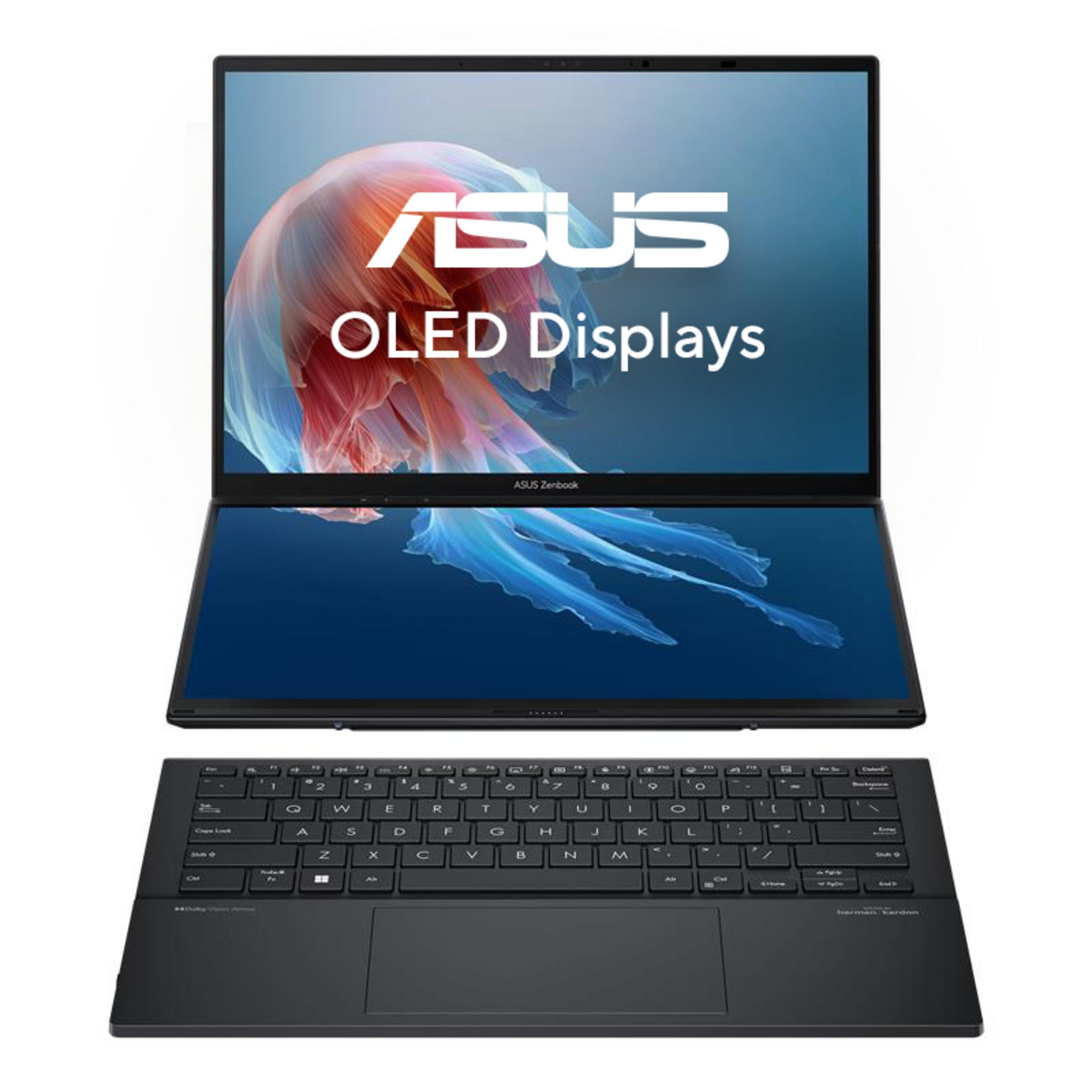Ein schwarzer Asus Zenbook Laptop mit zwei Bildschirmen, zeigt ein buntes Quallenbild.