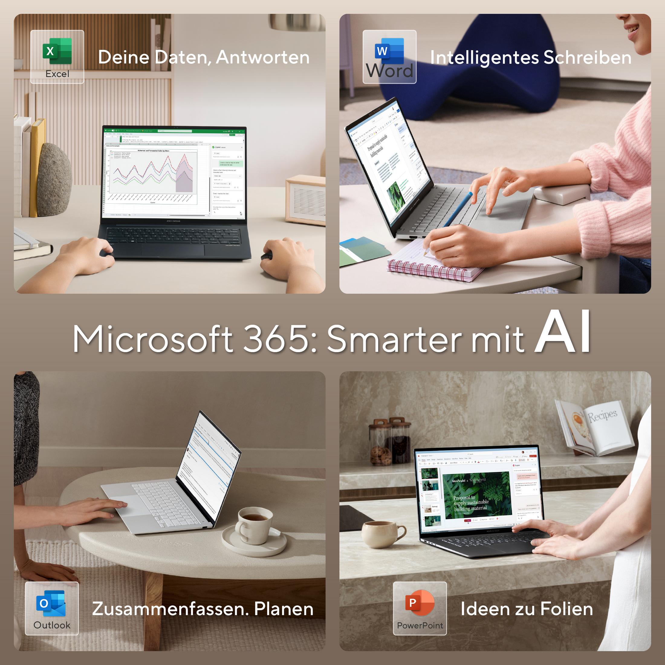 Vier Szenen: Excel, Word, Outlook und PowerPoint auf Laptops mit KI-Funktionen.