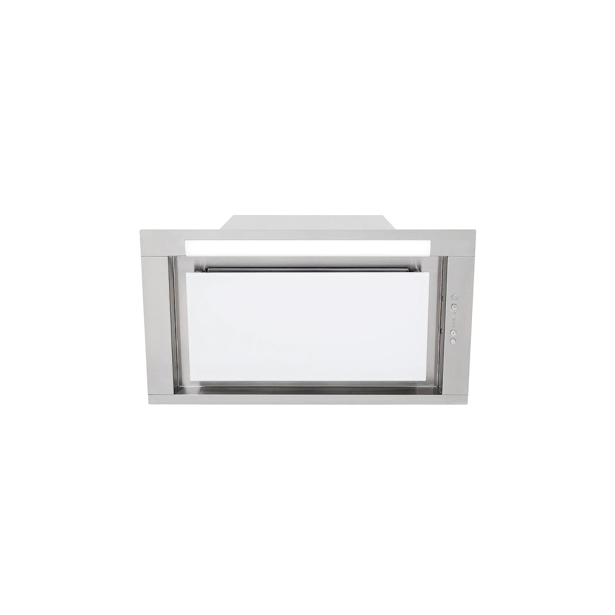 Cappa aspirante in acciaio inox con frontale in vetro bianco.